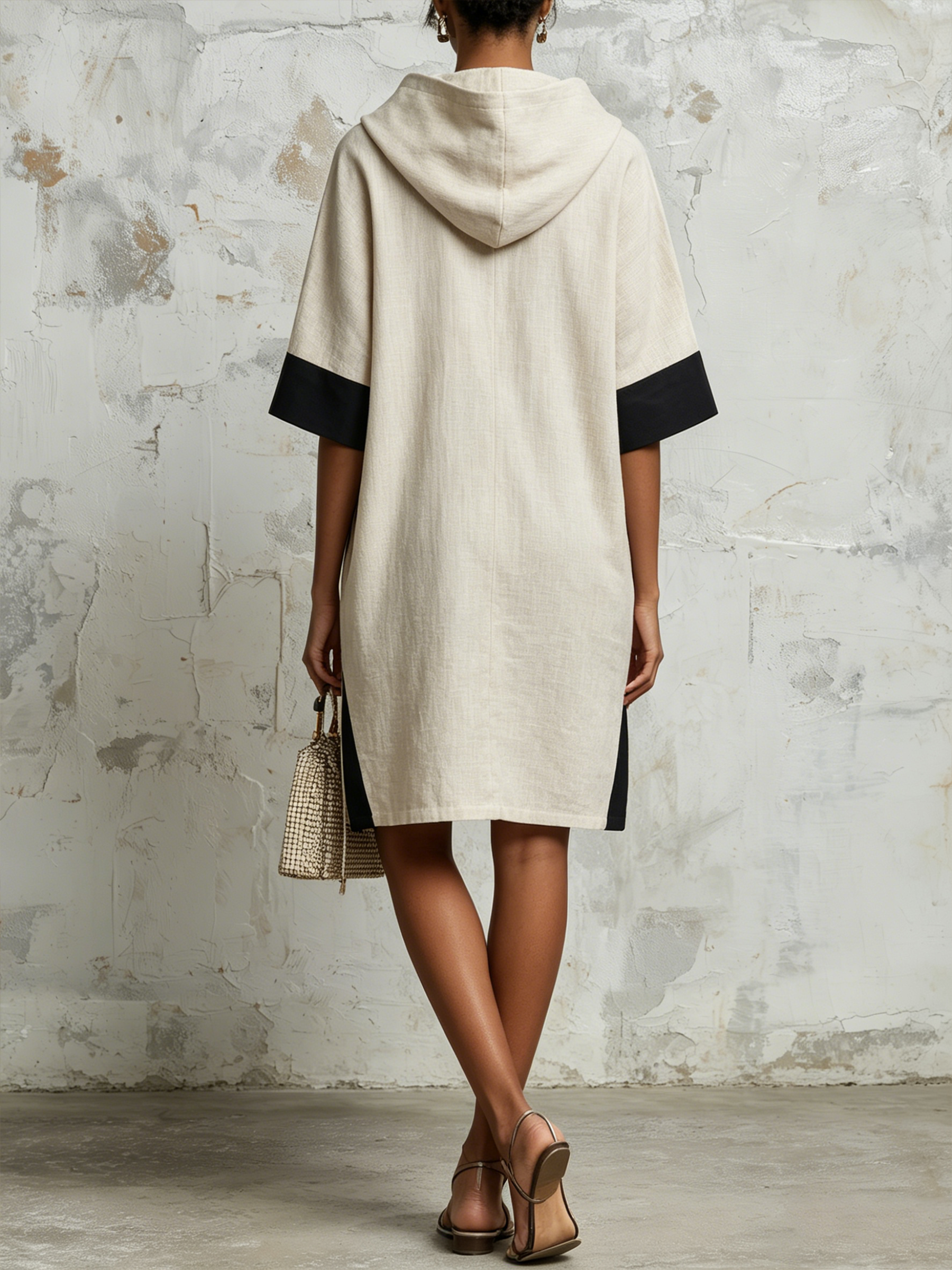 Hooded Half-Zip Color Block Linen Blend Midi Shift Dress With Cargo Pockets