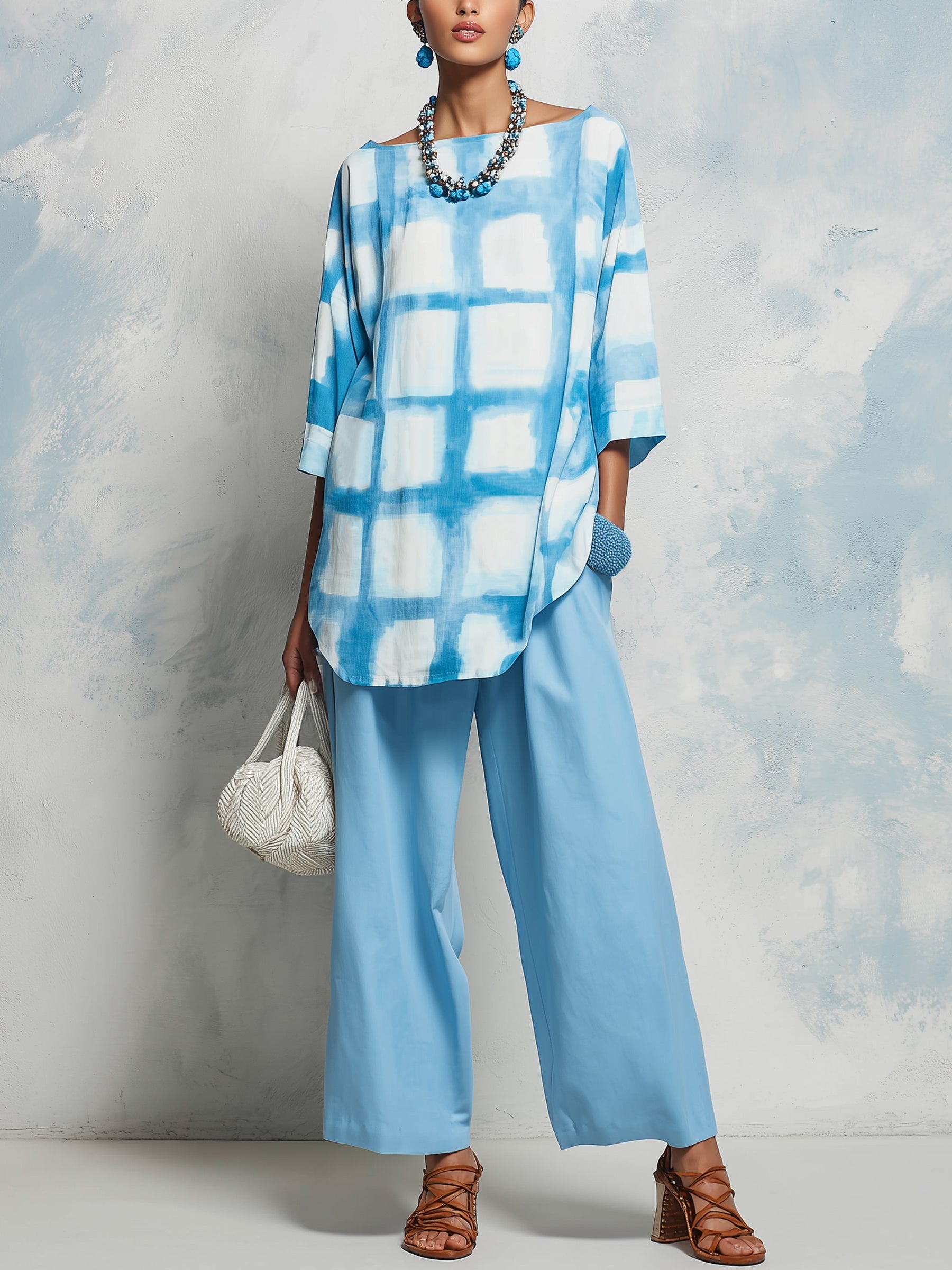 Blue Tie-Dye 2-Piece Set: Loose Tunic & Wide-Leg Pants