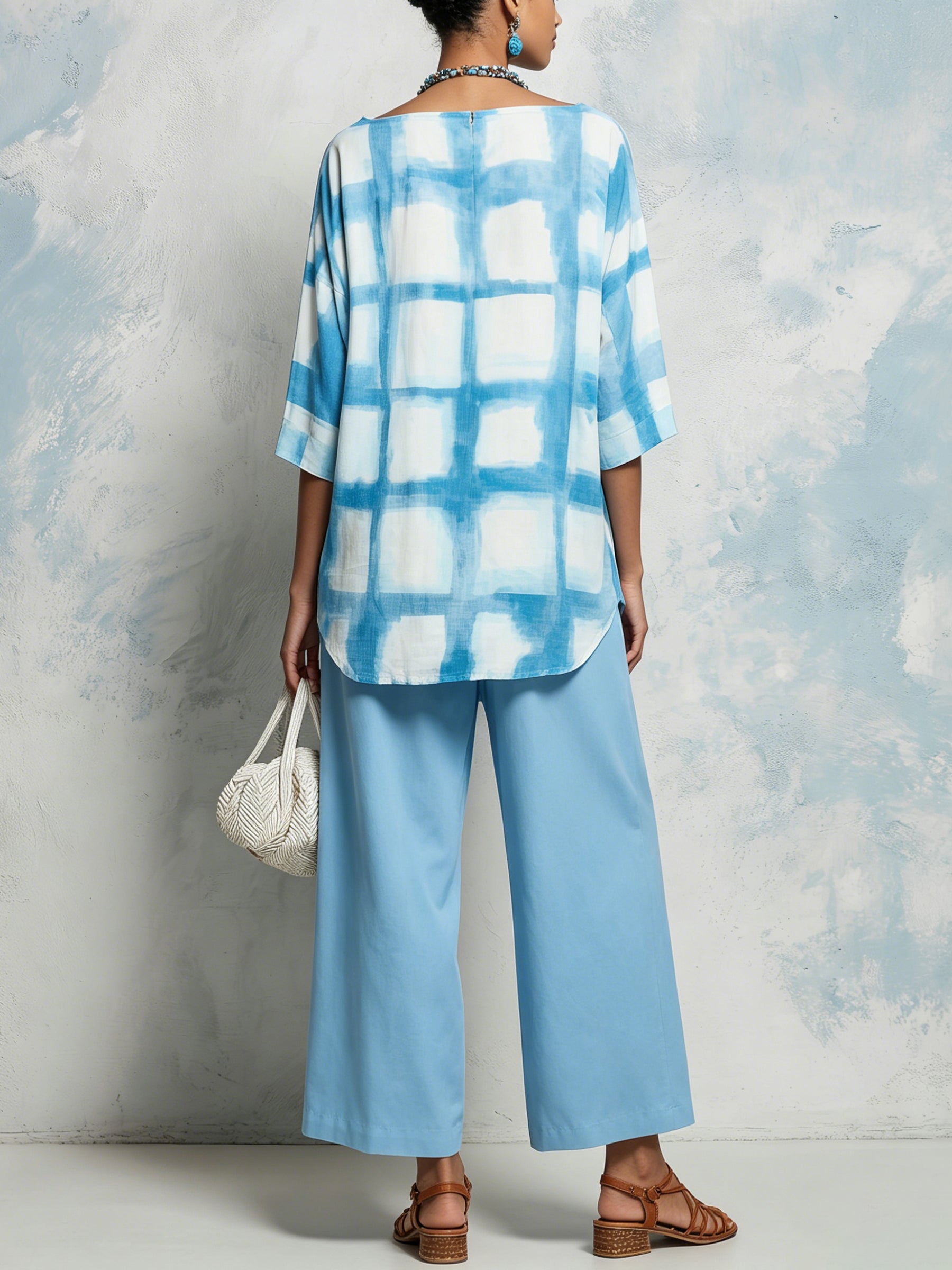 Blue Tie-Dye 2-Piece Set: Loose Tunic & Wide-Leg Pants