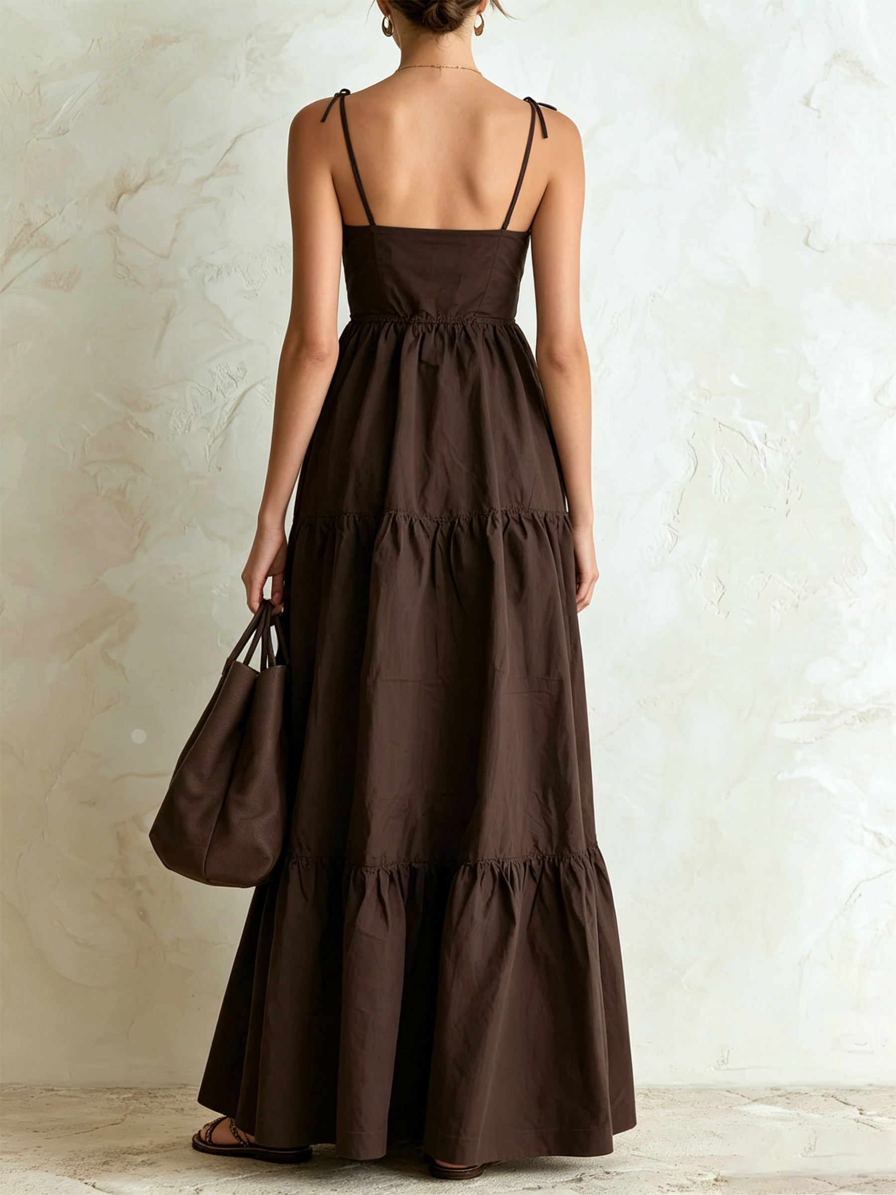 Chocolate Brown Tiered Tie Strap Maxi Dress