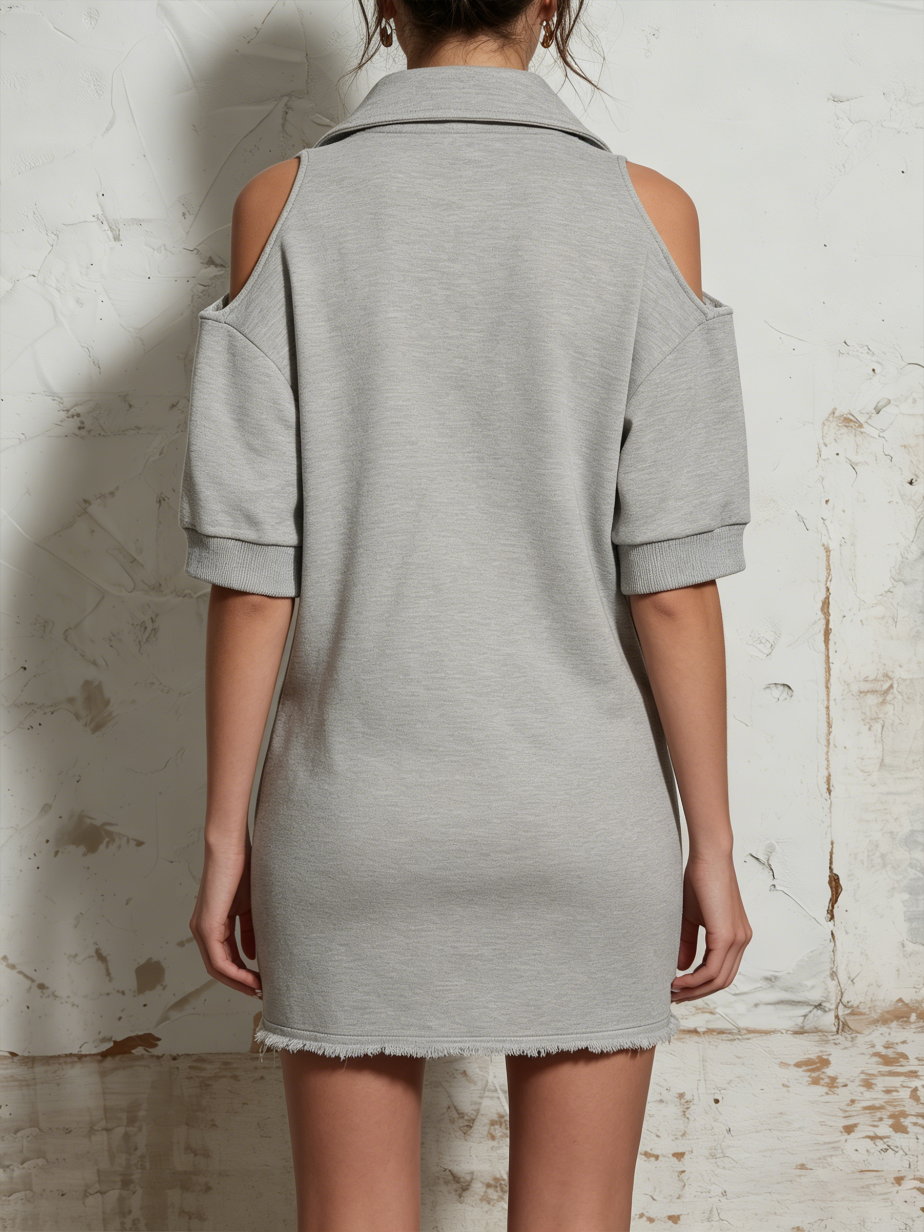 Grey Cut-Out Shoulder Half Zip Sweatshirt Mini Dress With Raw Hem Pocket Detail