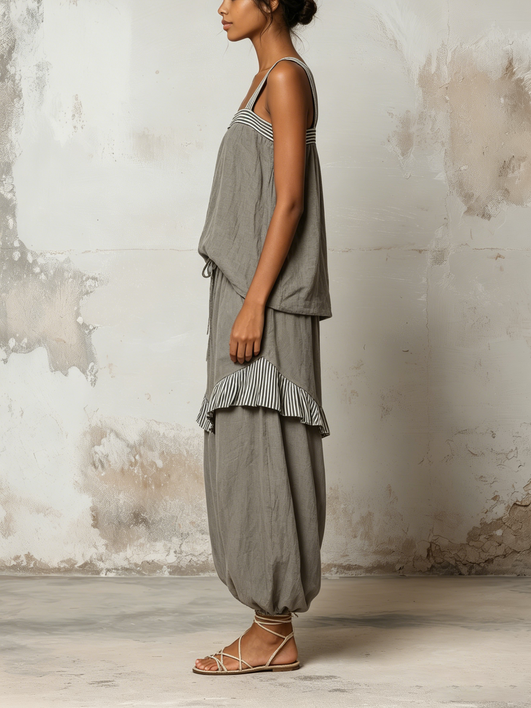 Grey Striped Trim Linen Two Piece Set Square Strap Tank Top Balloon Harem Pants Outfit