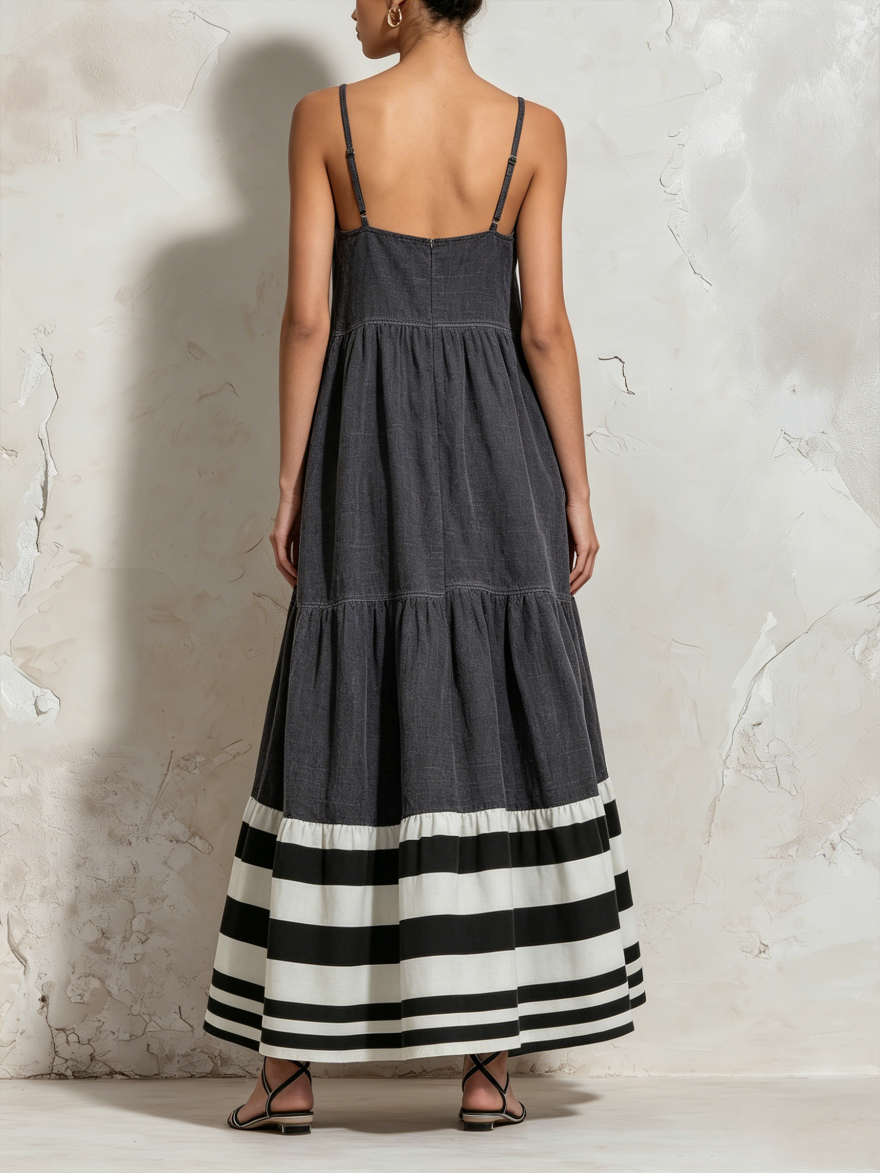 Square Neck Spaghetti Strap Tiered Maxi Dress Bold Black White Stripe Hem Casual Flowy Sundress