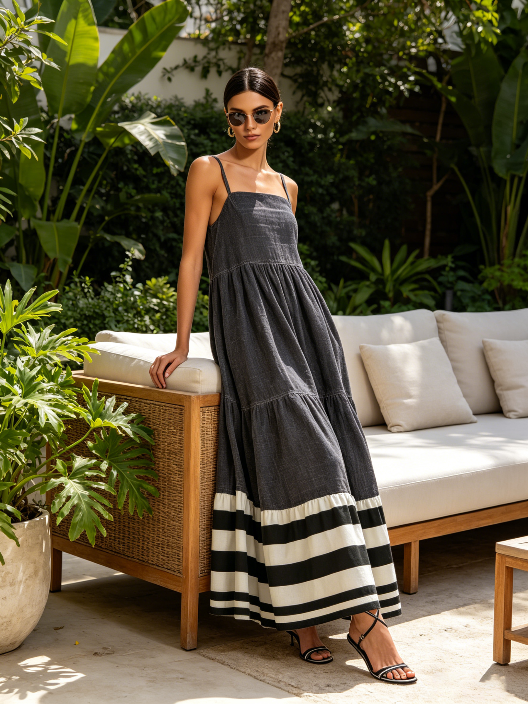 Square Neck Spaghetti Strap Tiered Maxi Dress Bold Black White Stripe Hem Casual Flowy Sundress