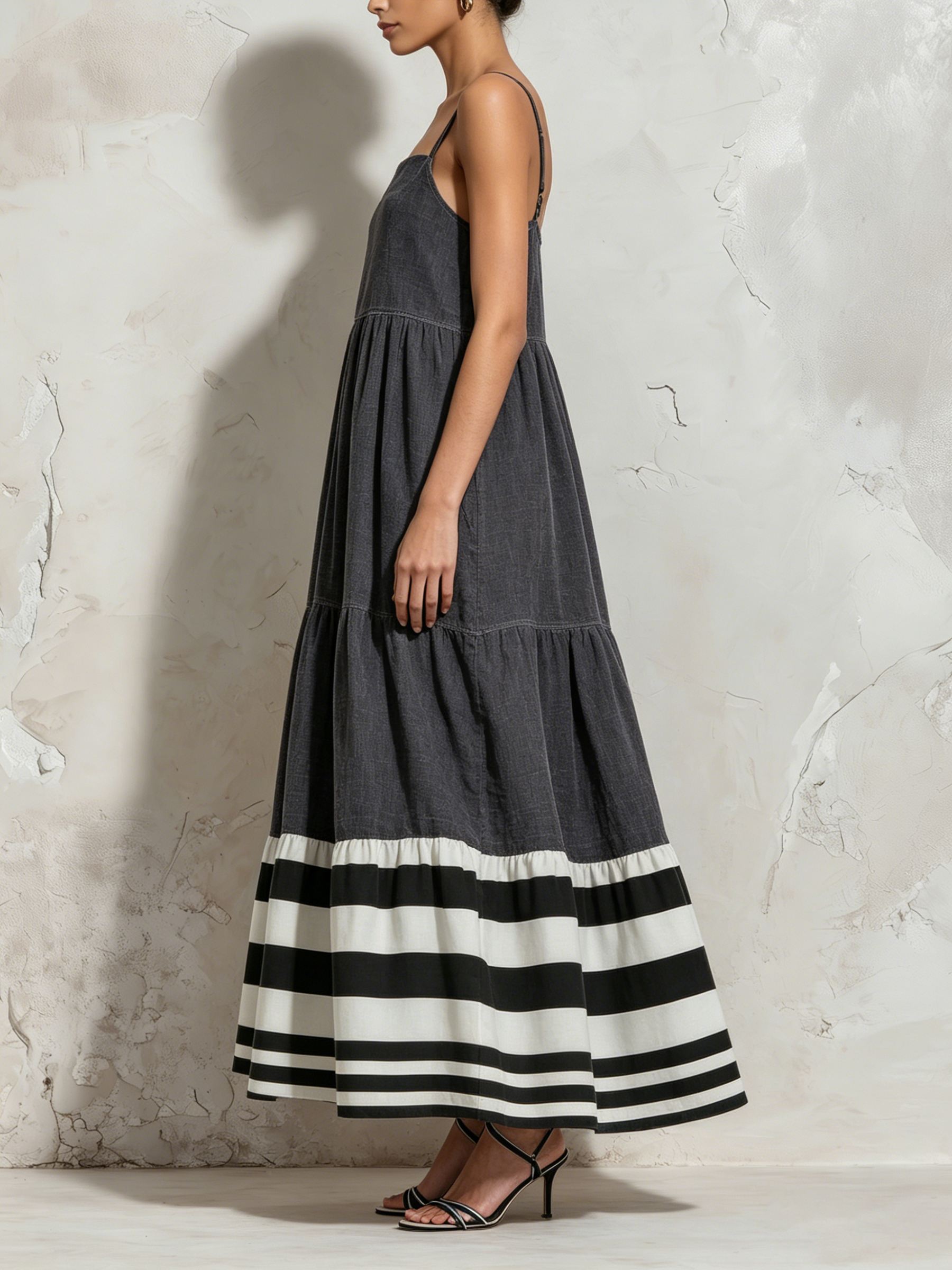 Square Neck Spaghetti Strap Tiered Maxi Dress Bold Black White Stripe Hem Casual Flowy Sundress