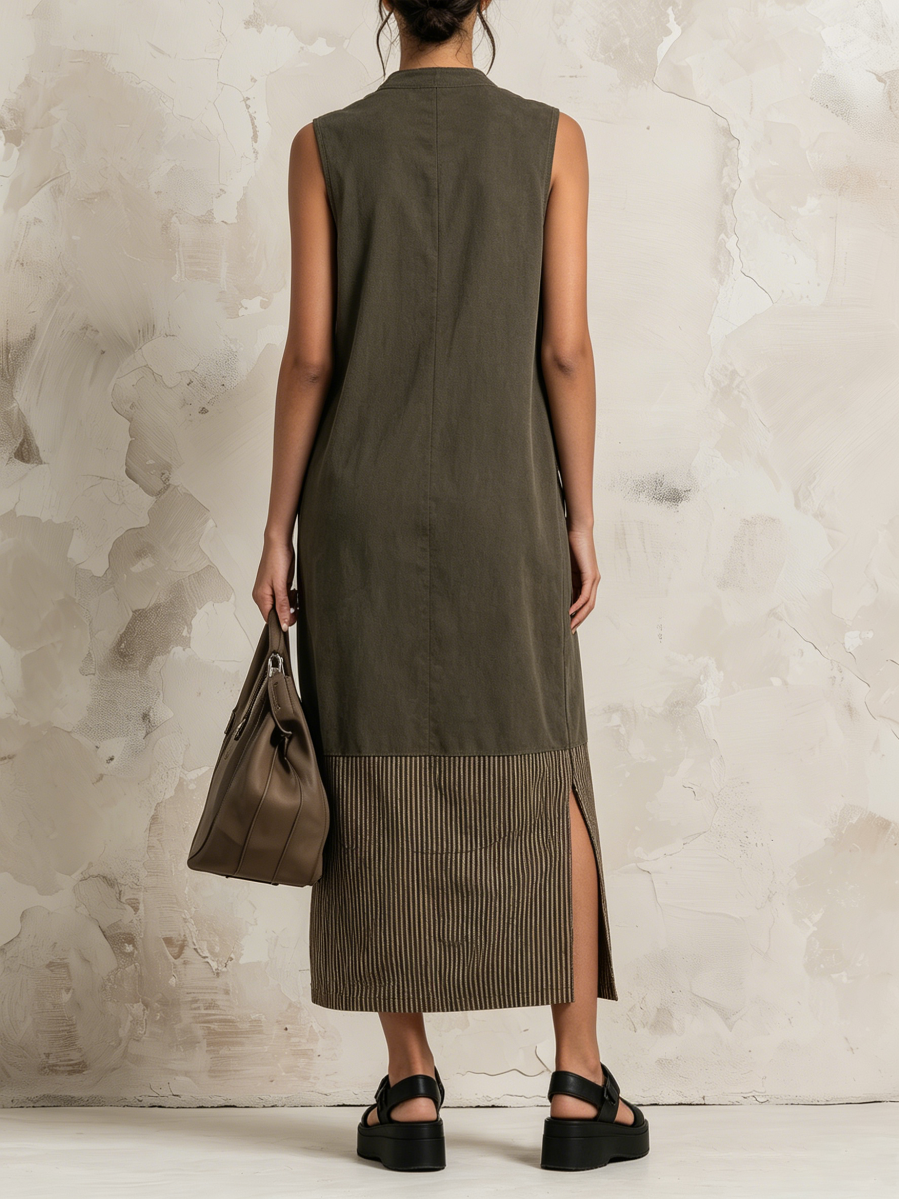 Olive Sleeveless Zip Front Midi Dress Contrast Striped Hem Linen Blend Casual Shift Dress