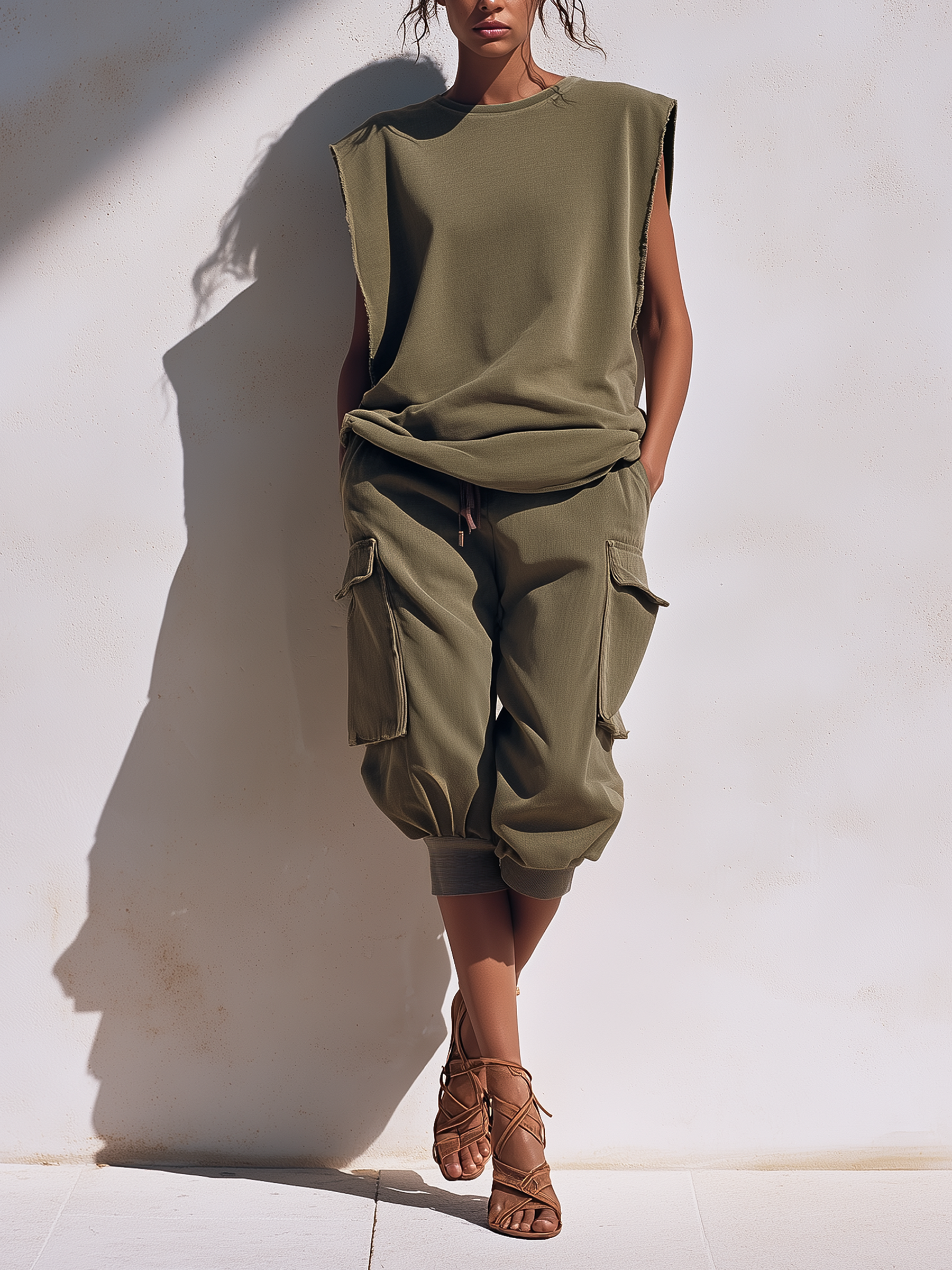 Raw Edge Sleeveless Sweat Top & Elastic Waist Cargo Capri Co-Ord Set