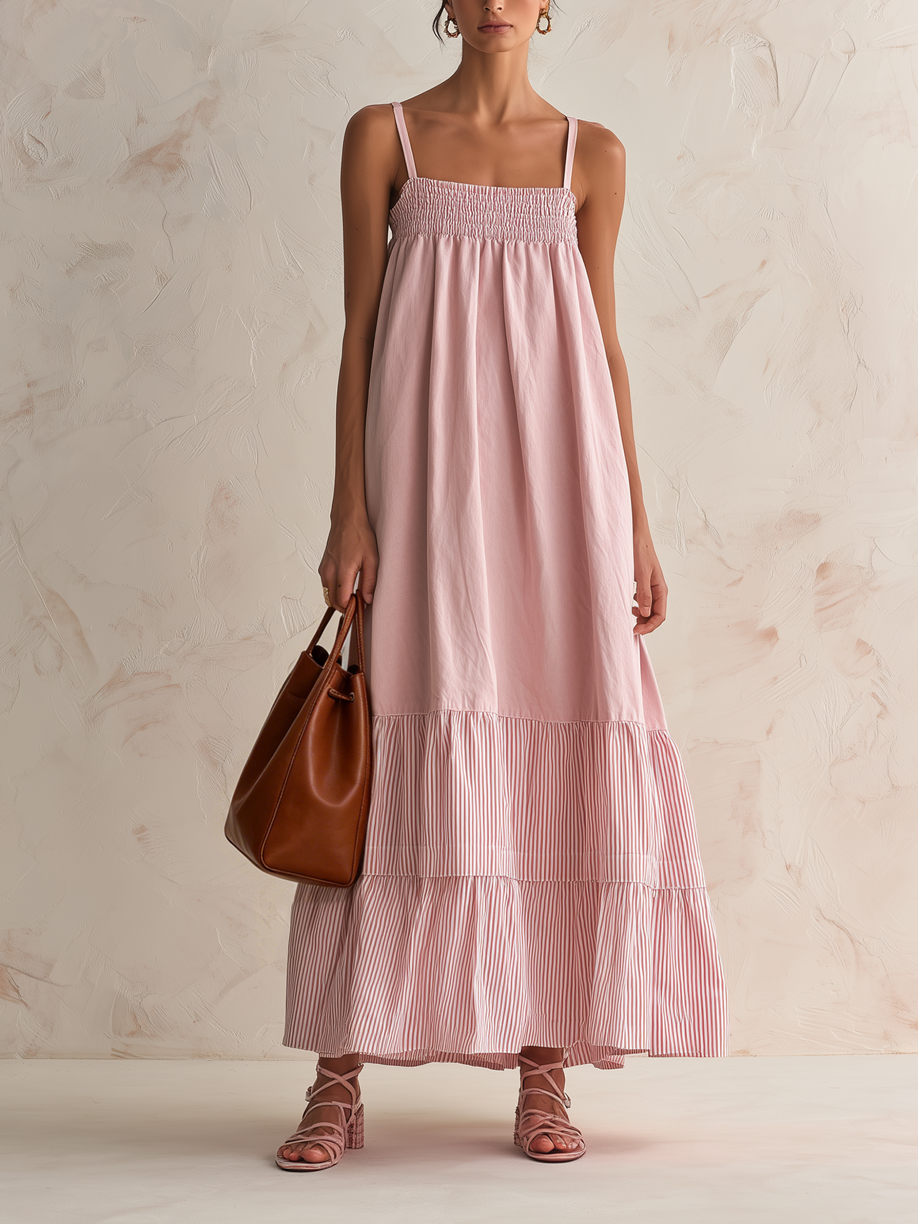 Adjustable Strap Smocked Contrast Stripe Tiered Midi Slip Dress