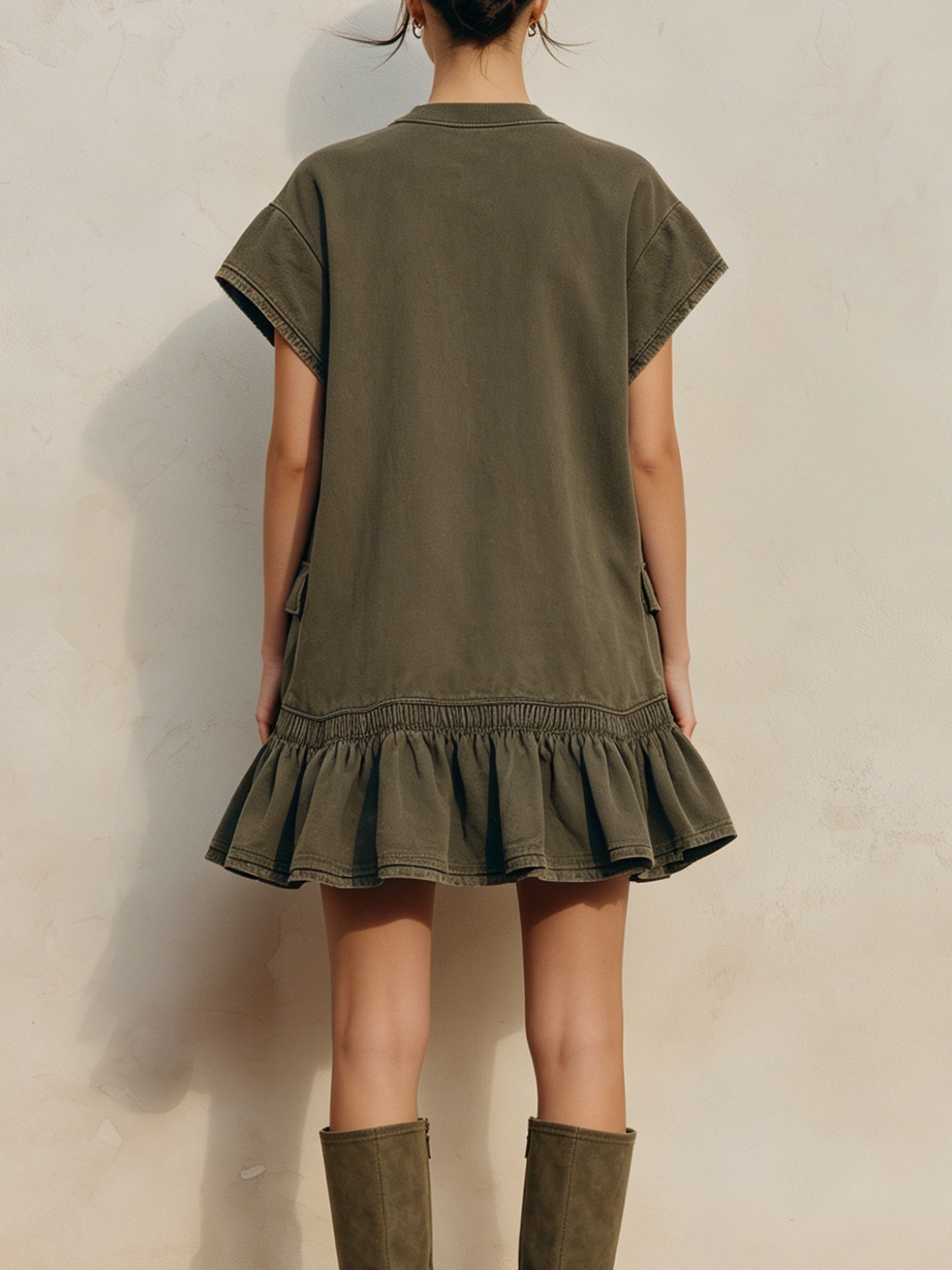 Oversized Cap Sleeve Cargo Ruffle Hem Sweat Mini Dress