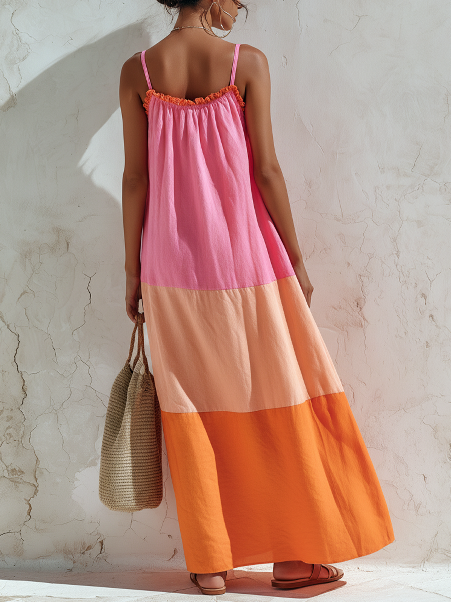 Pink Peach Orange Color Block Spaghetti Strap Tiered Maxi Dress
