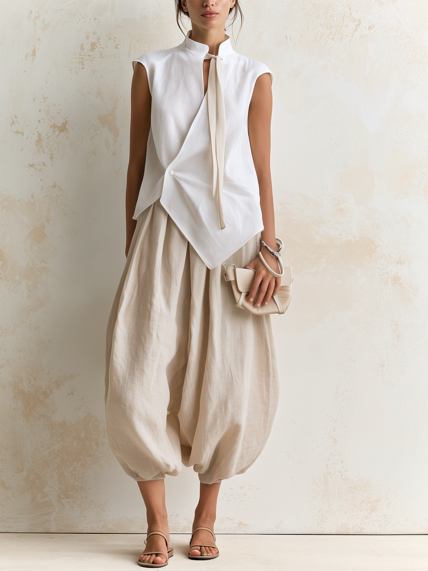 Stand Collar Tie Sleeveless Wrap Linen Top & Beige Balloon Linen Pants Two-Piece Set