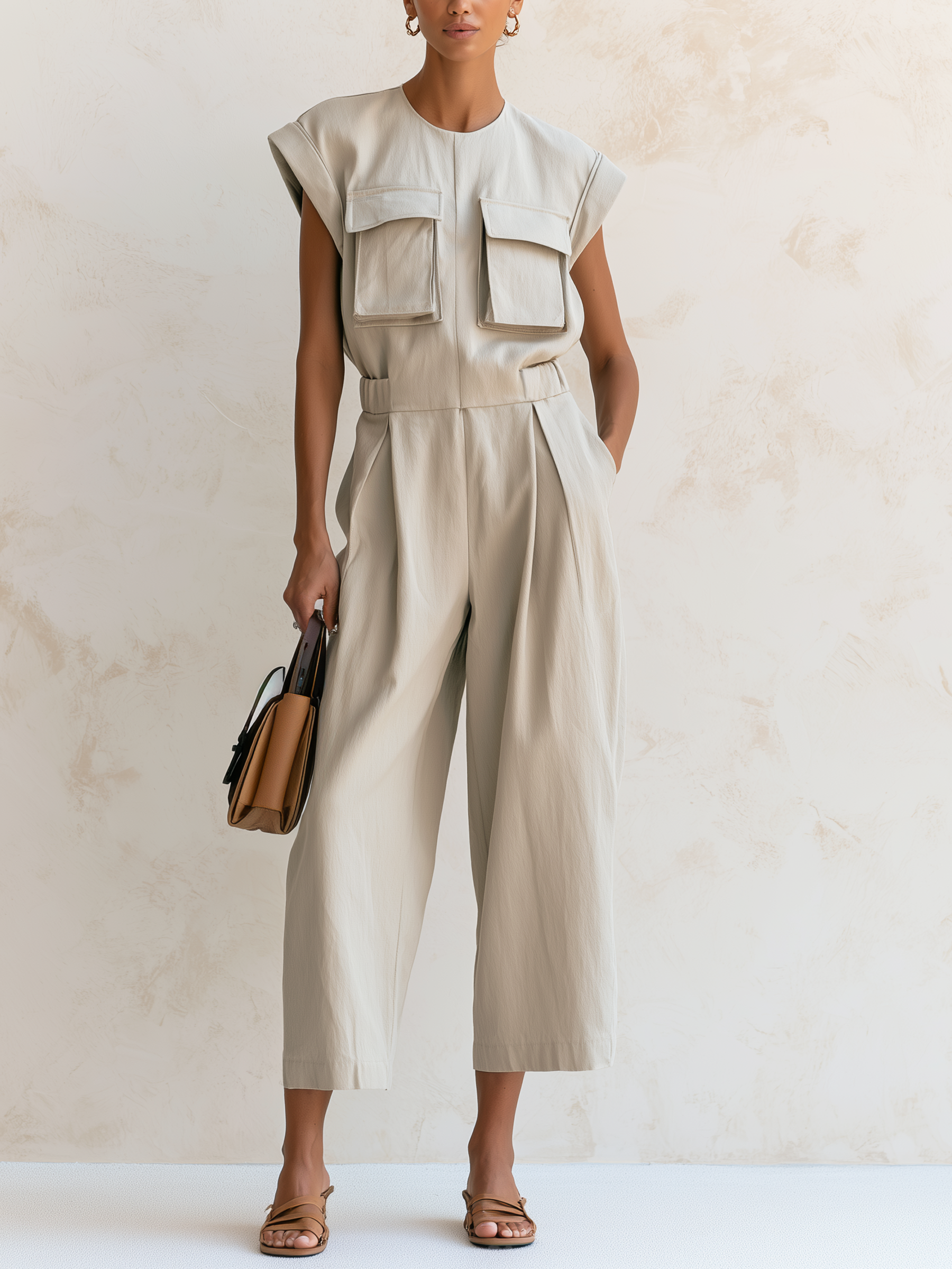 Utility-Pocket Sleeveless Cotton-Blend Cropped Wide-Leg Jumpsuit