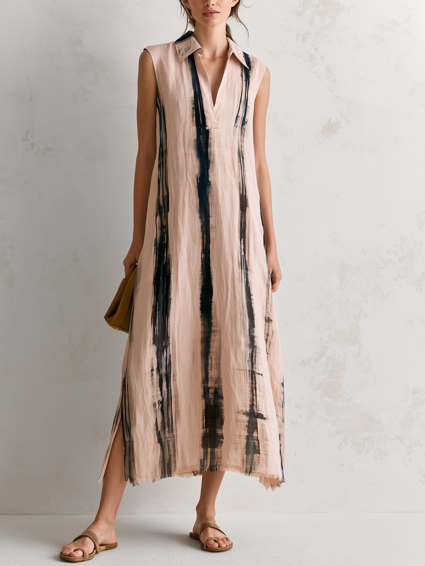 Abstract Brushstroke Print Sleeveless Linen Maxi Shirt Dress With Fringe Hem