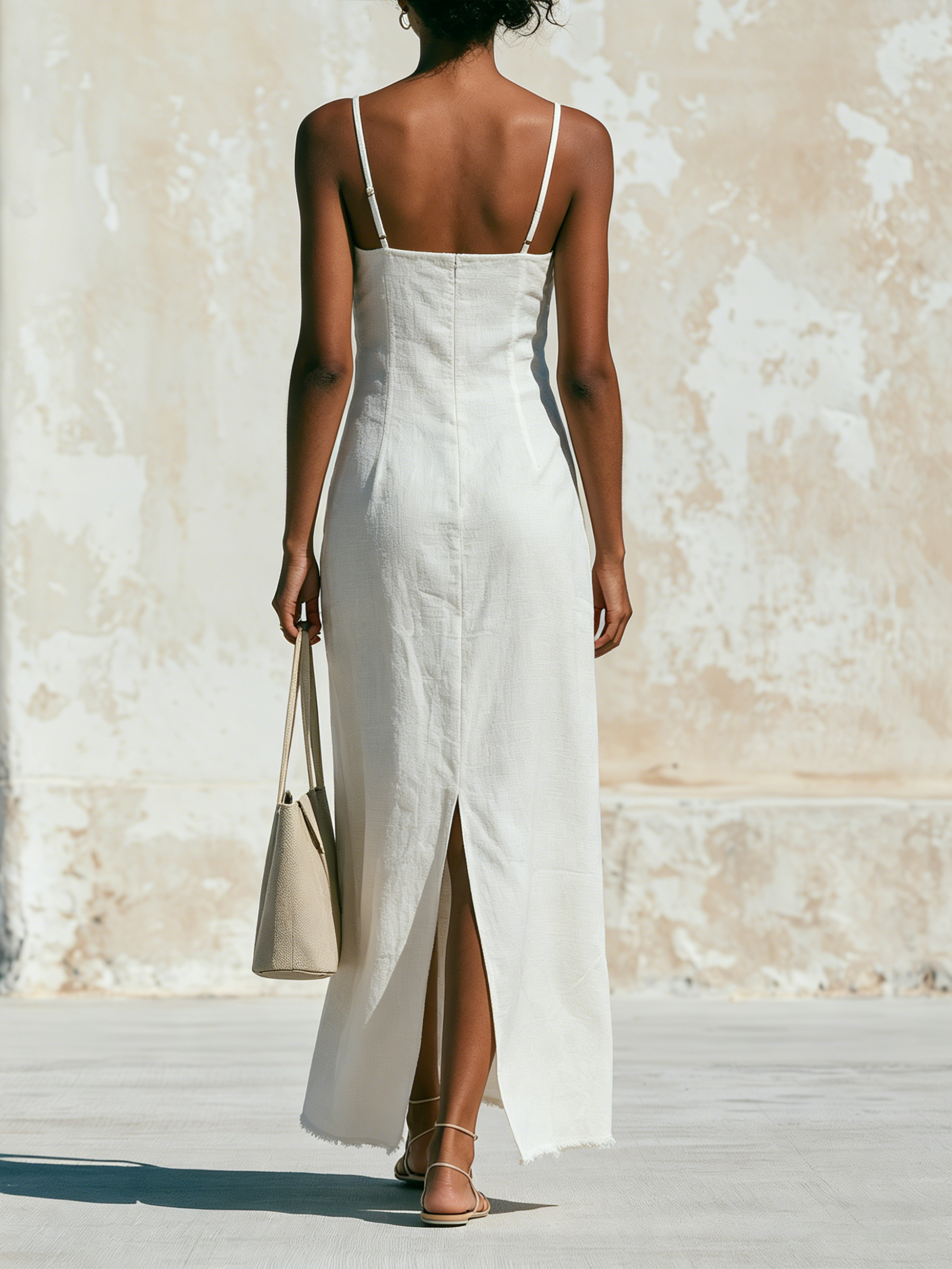 White Linen Square Neck Spaghetti Strap Slit Midi Dress Raw Fray Hem Vacation Casual Slip Dress