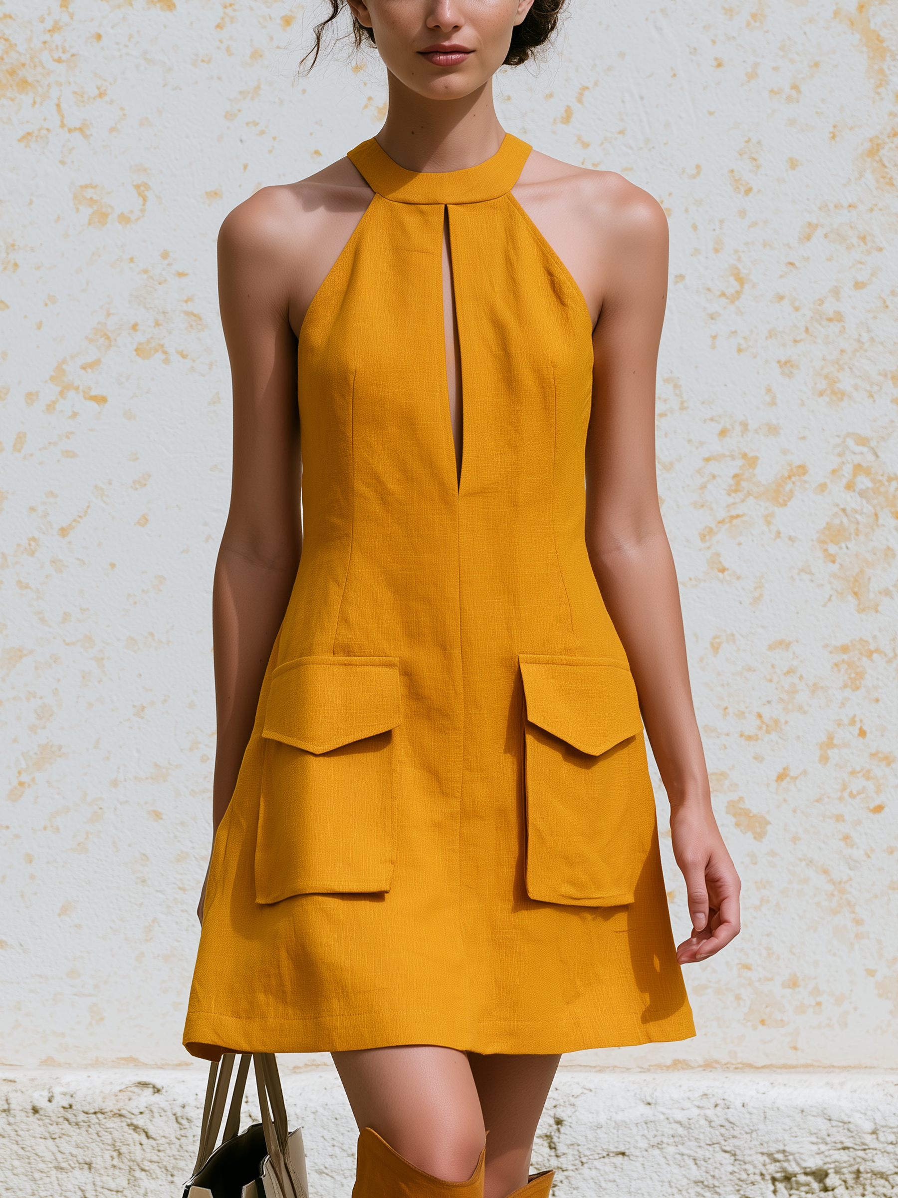 Mustard Yellow Halter Keyhole Cargo Pocket Linen Mini Dress Sleeveless A-Line Shift Dress