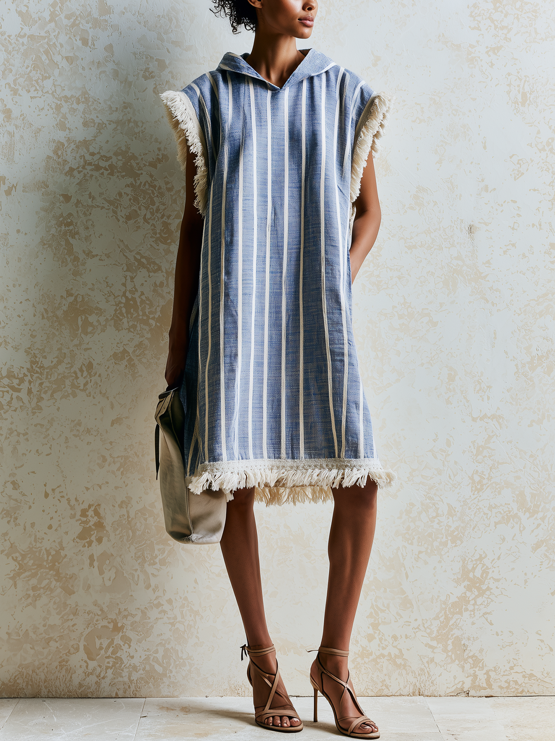 Blue White Vertical Stripe Hooded Cover-Up Tunic Dress Linen Blend Beach Kaftan Dress