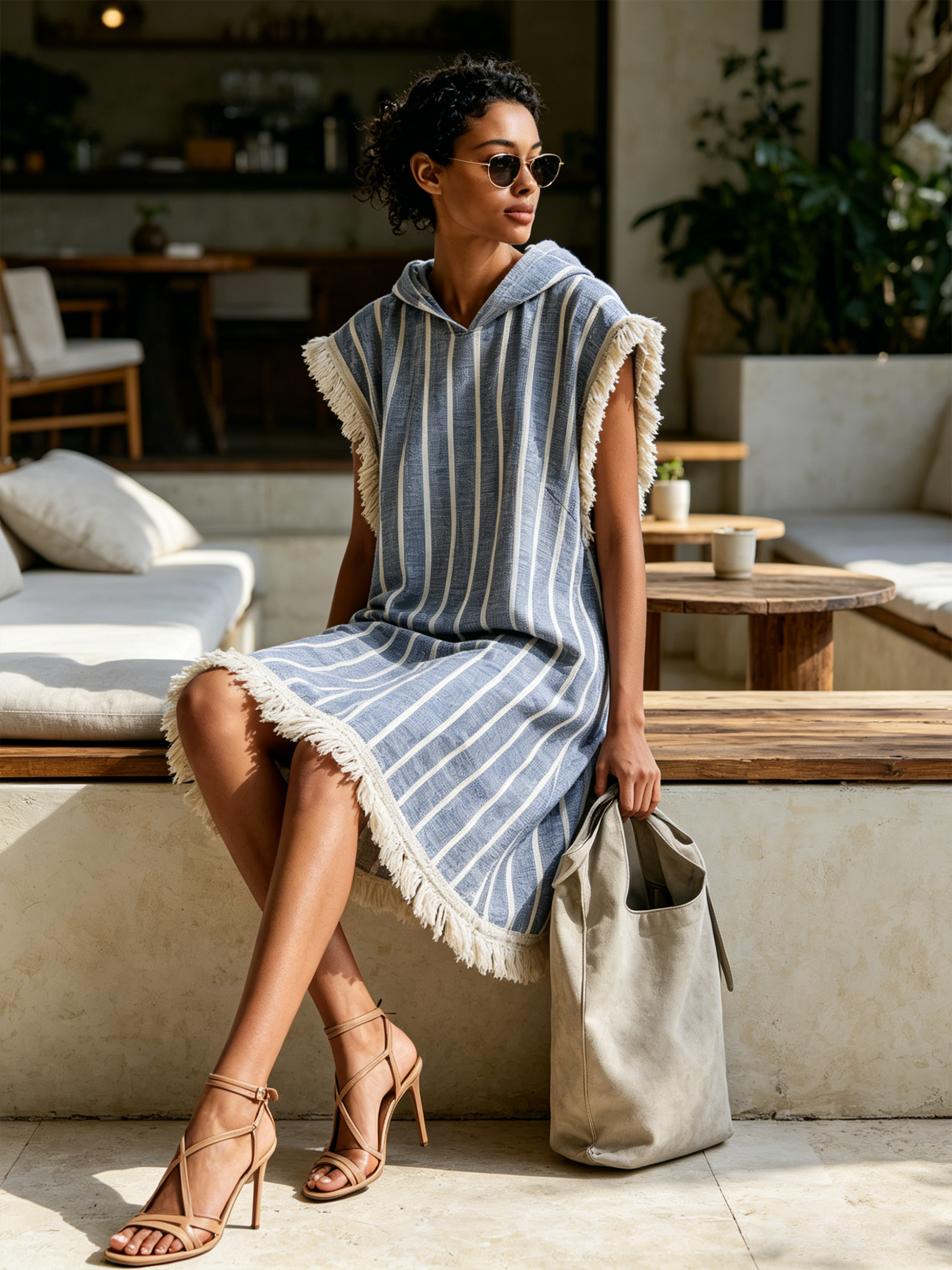 Blue White Vertical Stripe Hooded Cover-Up Tunic Dress Linen Blend Beach Kaftan Dress