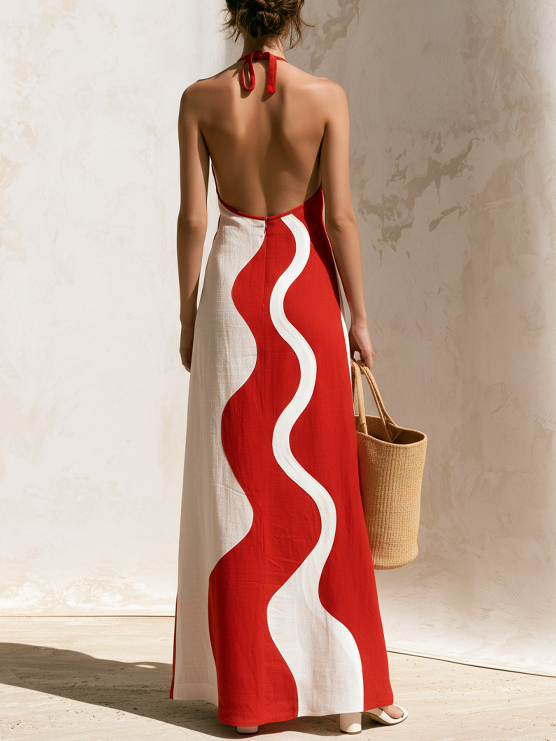 Red & White Wavy Halter Open Back Linen Maxi Dress