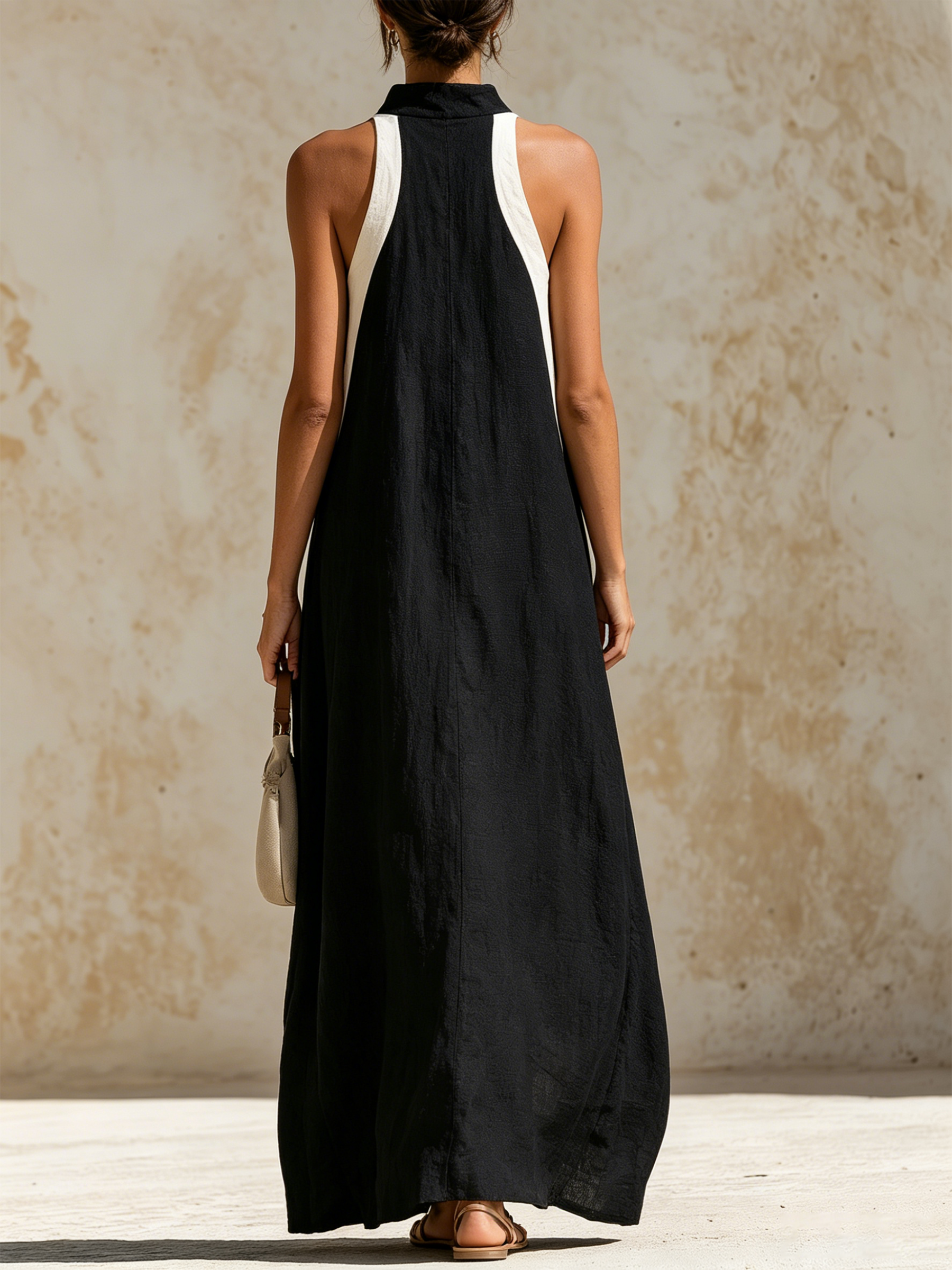 Black White Color Block Halter Linen Maxi Dress