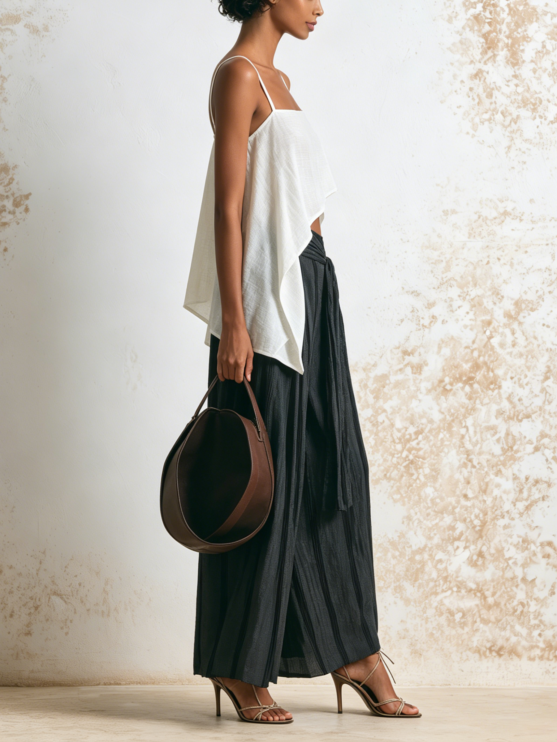 Asymmetrical White Cami & Striped Wrap Wide Leg Pants Two Piece Vacation Set