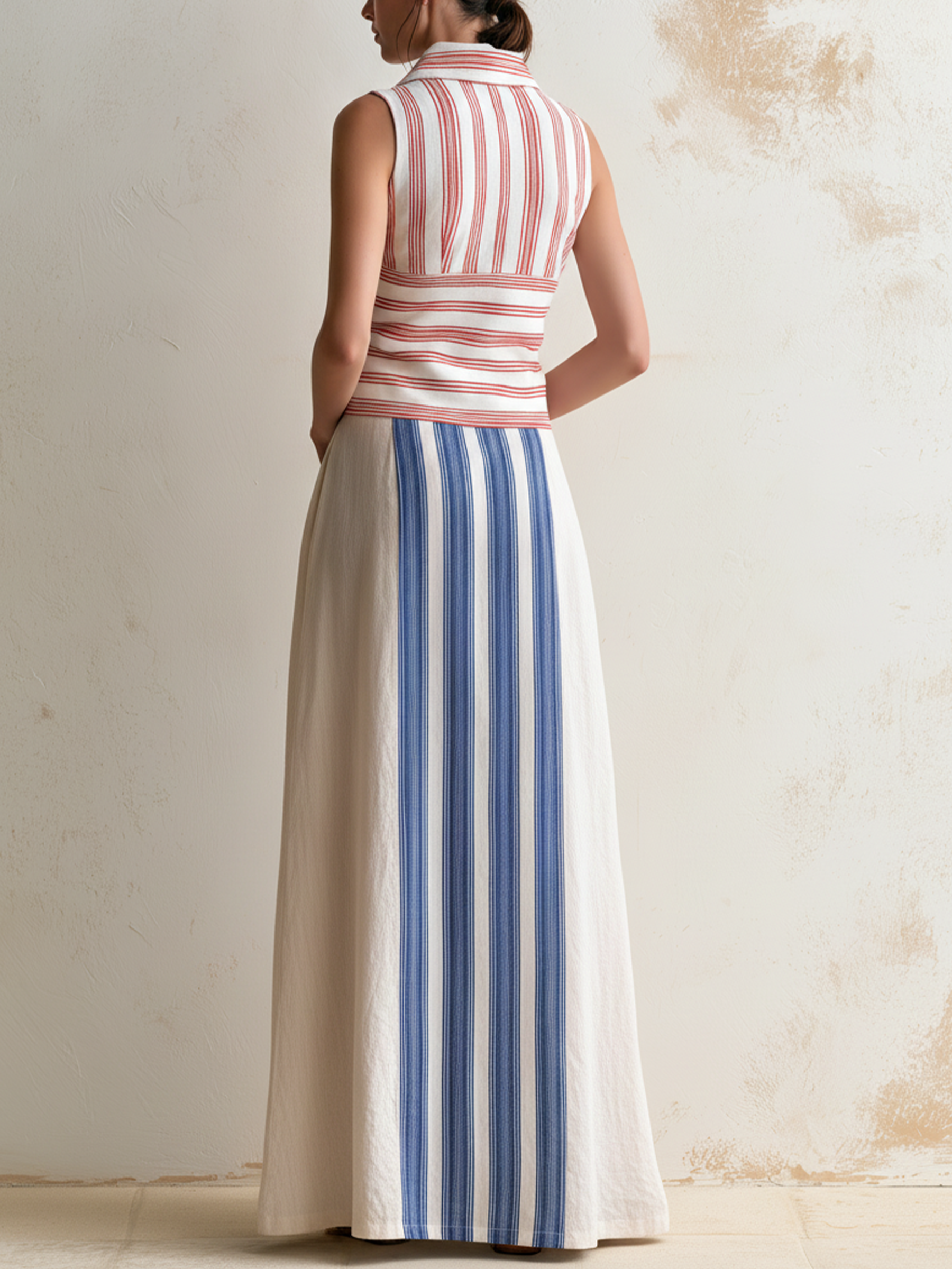 Red & Blue Color Block Stripe Sleeveless Linen Maxi Dress