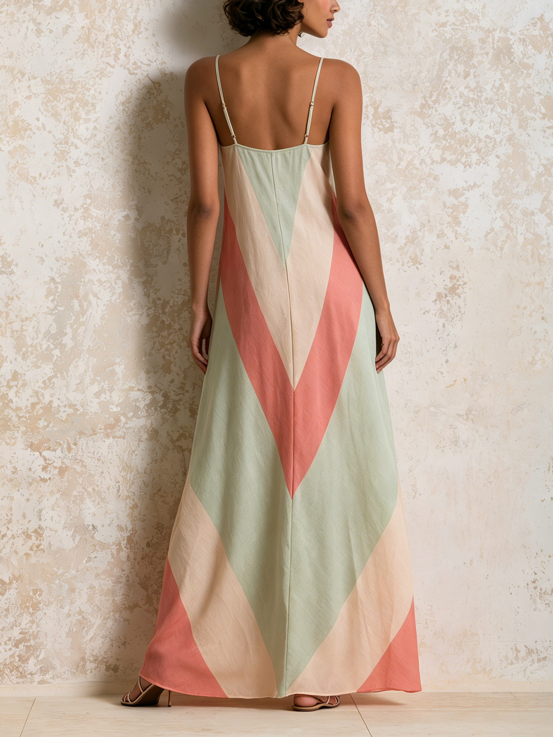 Pastel Chevron Color Block Spaghetti Strap Deep V Flowy Maxi Dress
