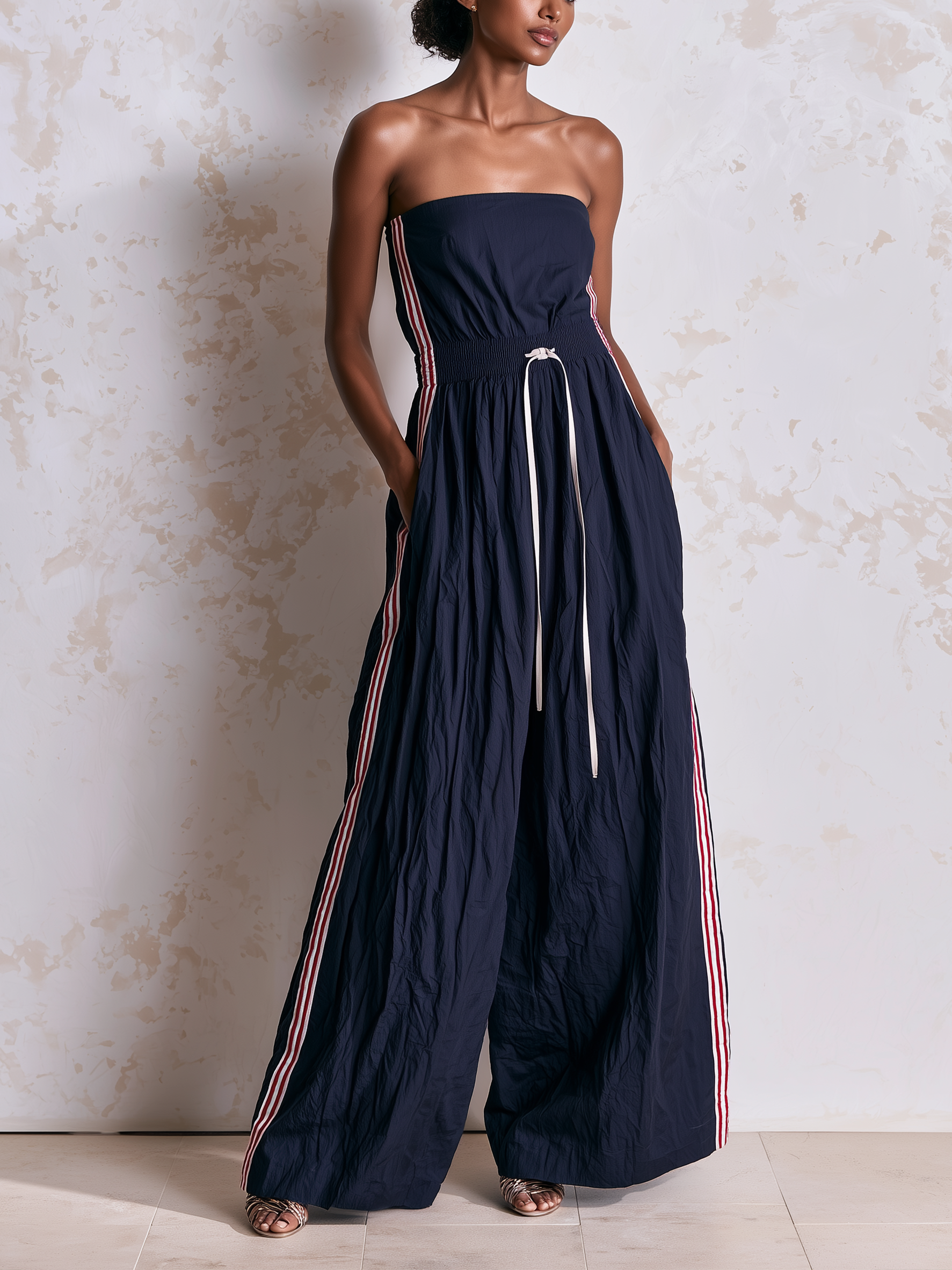 Strapless Tube Top Side Stripe Crinkled Wide-Leg Jumpsuit