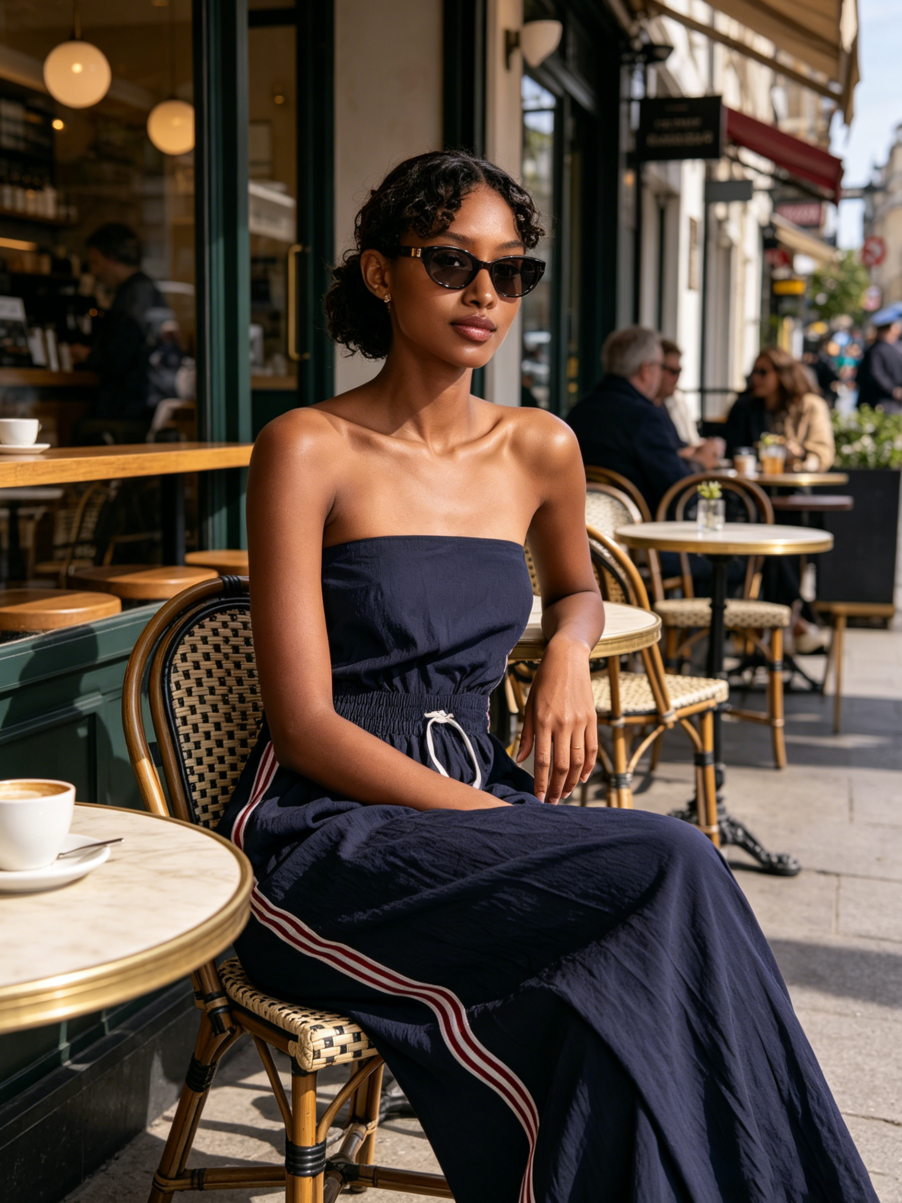 Strapless Tube Top Side Stripe Crinkled Wide-Leg Jumpsuit