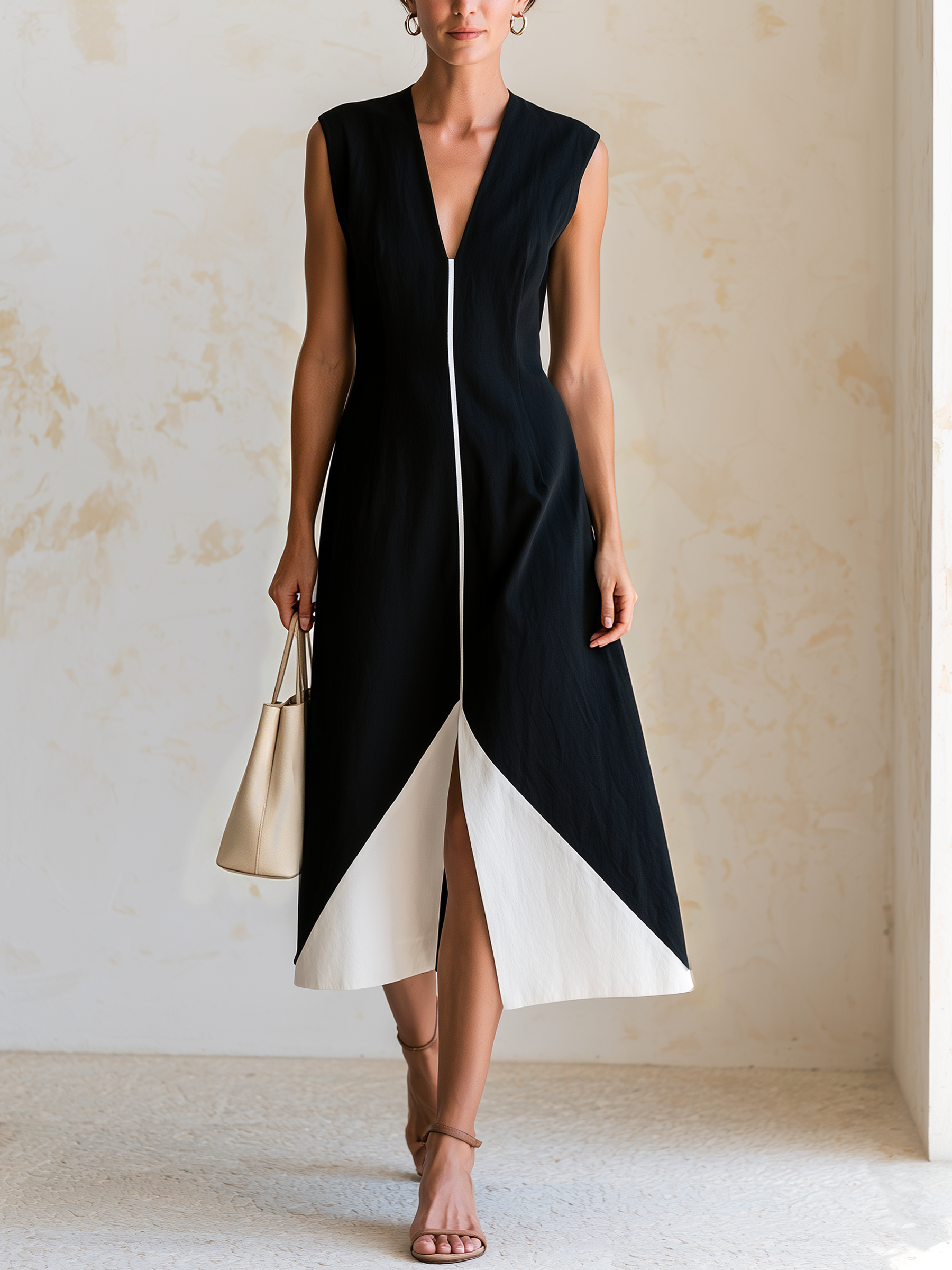 Black & White Color Block Sleeveless Midi Dress