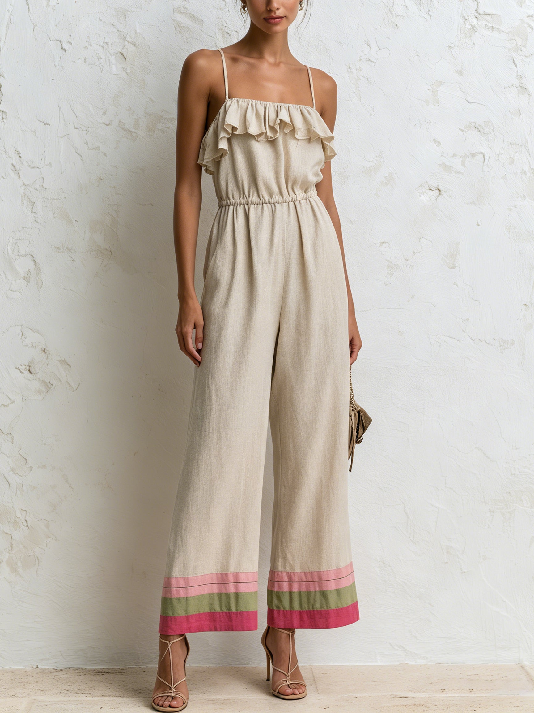 Minimal Chic Ruffle Strap Wide-Leg Jumpsuit – Beige Sleeveless Summer Jumpsuit With Color Hem Detail