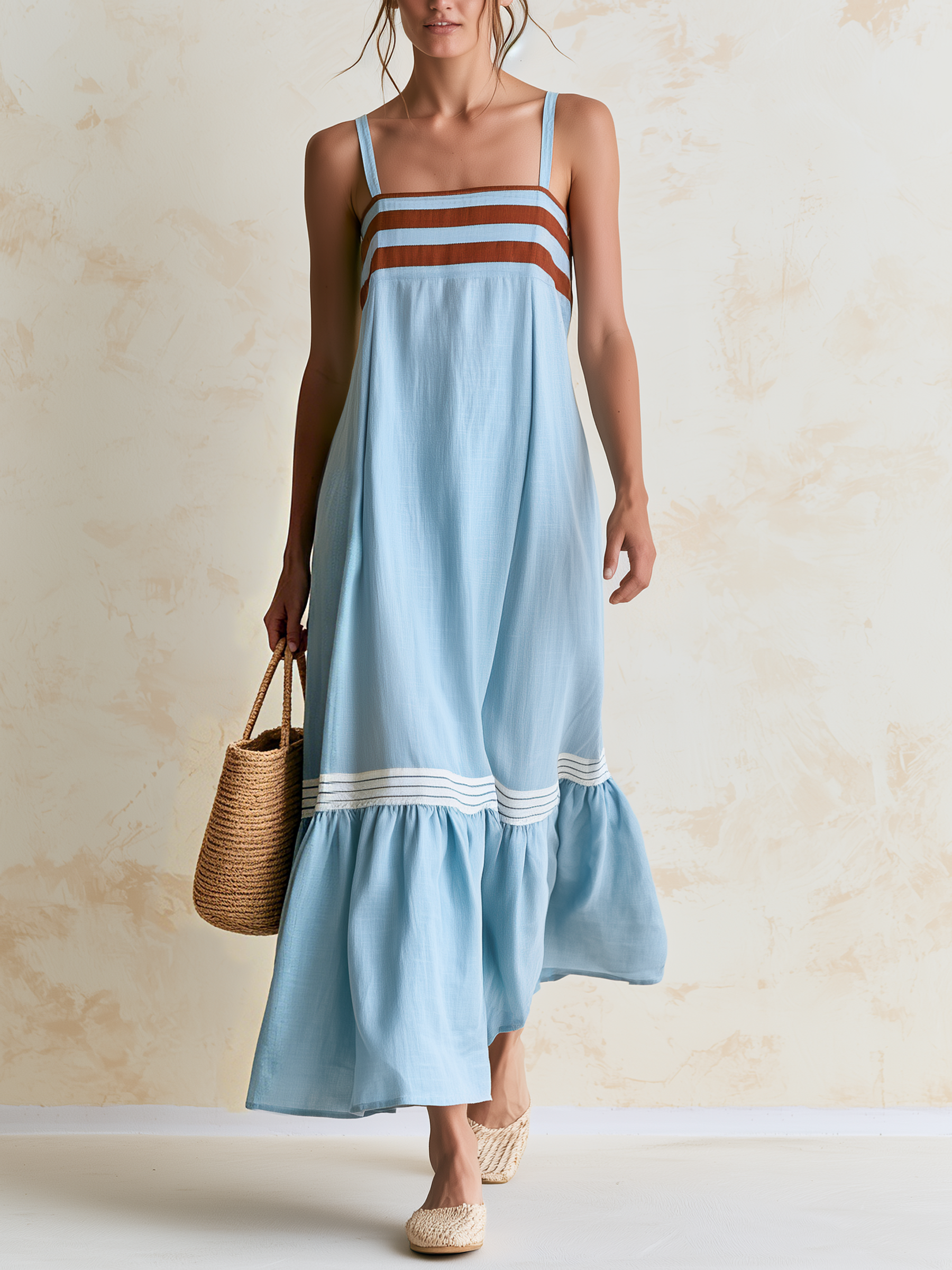 Light Blue Striped Spaghetti Strap Linen Maxi Dress