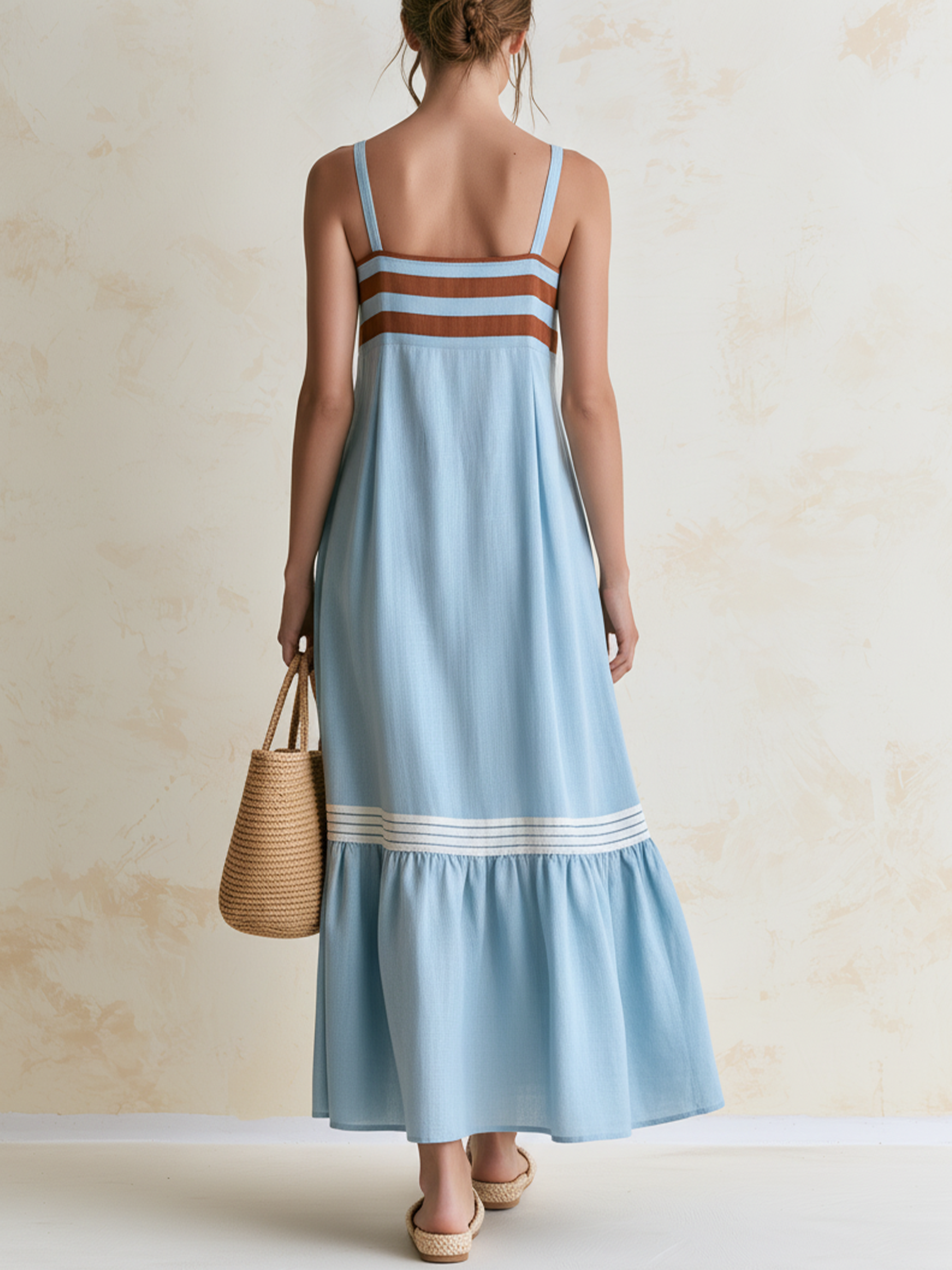 Light Blue Striped Spaghetti Strap Linen Maxi Dress