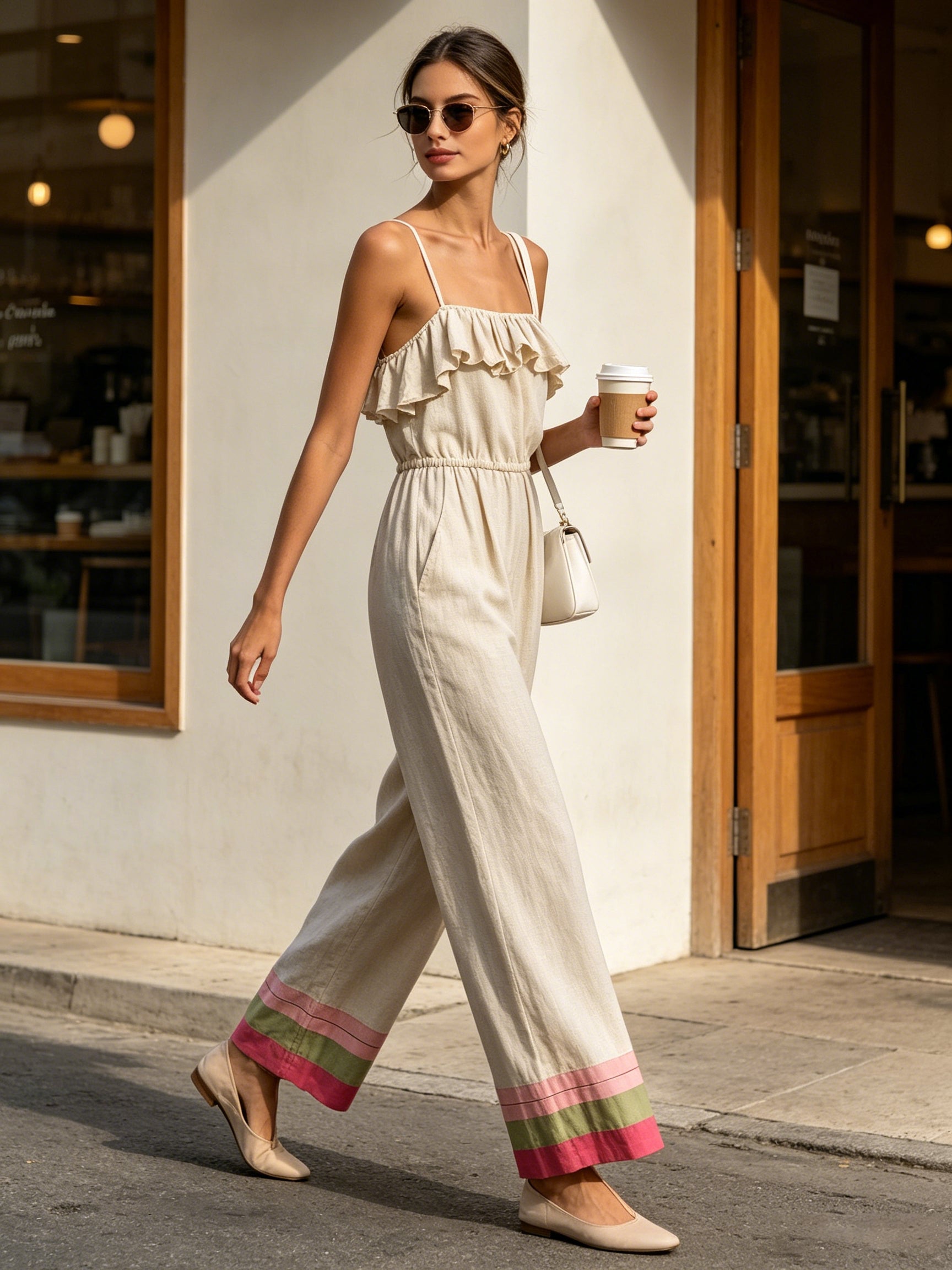 Minimal Chic Ruffle Strap Wide-Leg Jumpsuit – Beige Sleeveless Summer Jumpsuit With Color Hem Detail
