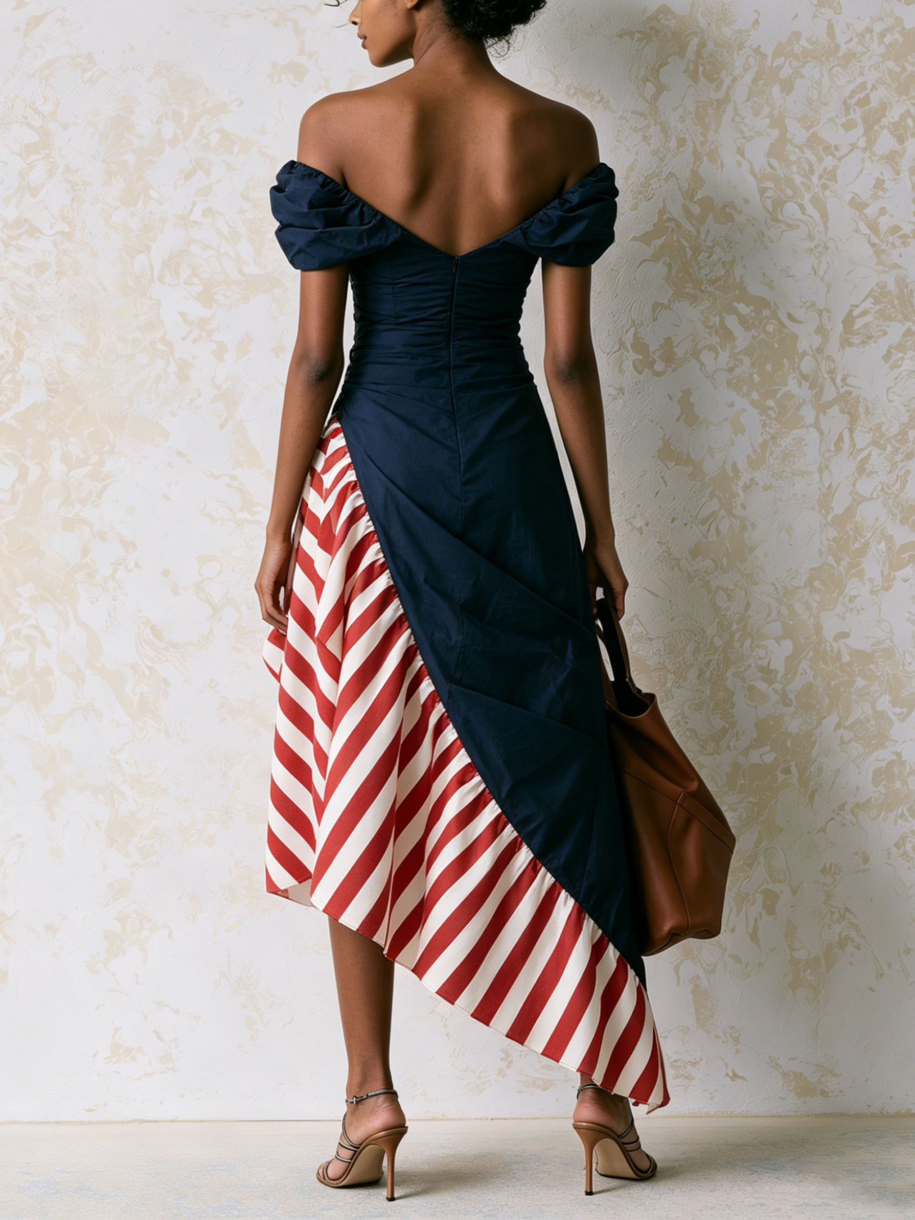 Off Shoulder Color Block Striped Ruffle Asymmetrical Midi Dress