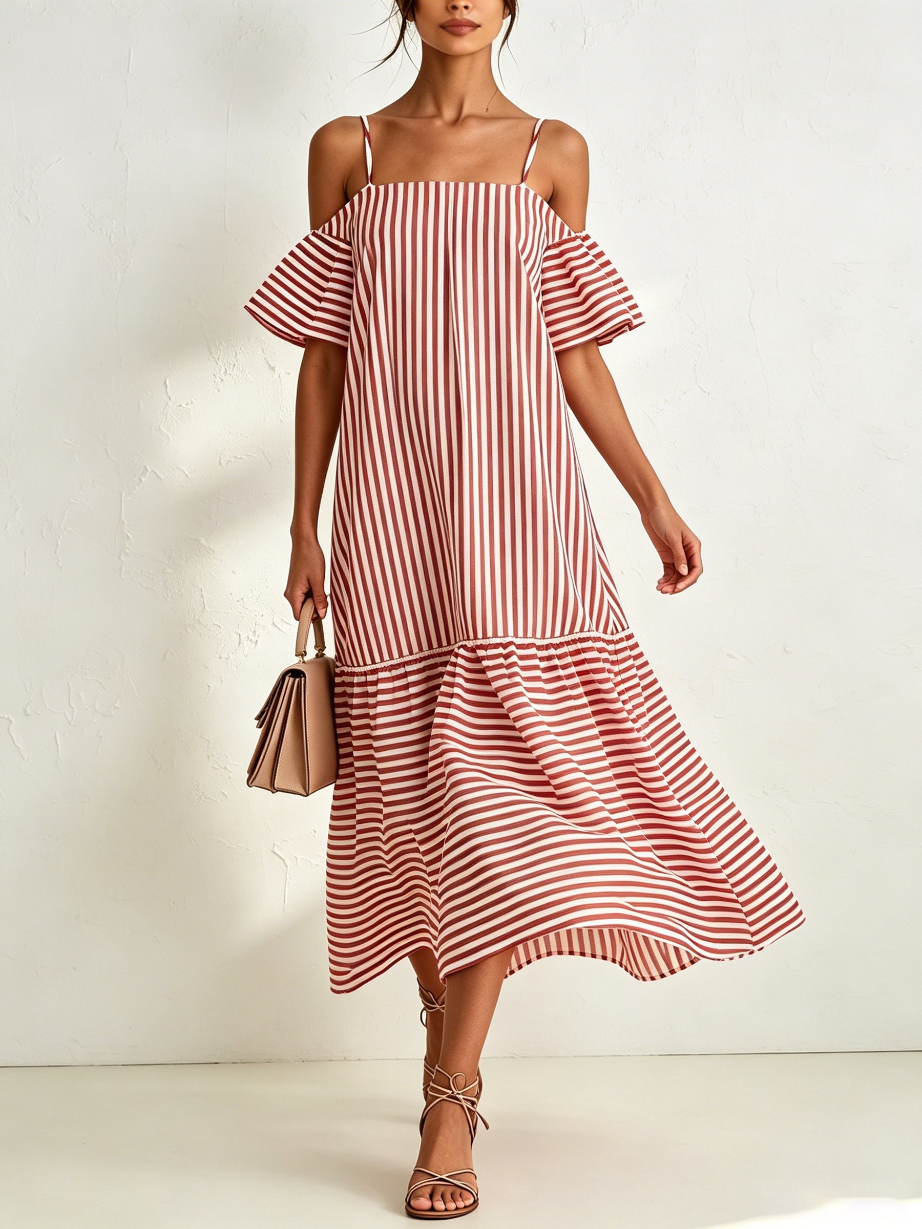 Red & White Striped Off-Shoulder Midi Dress | Relaxed Vacation A-Line Dress