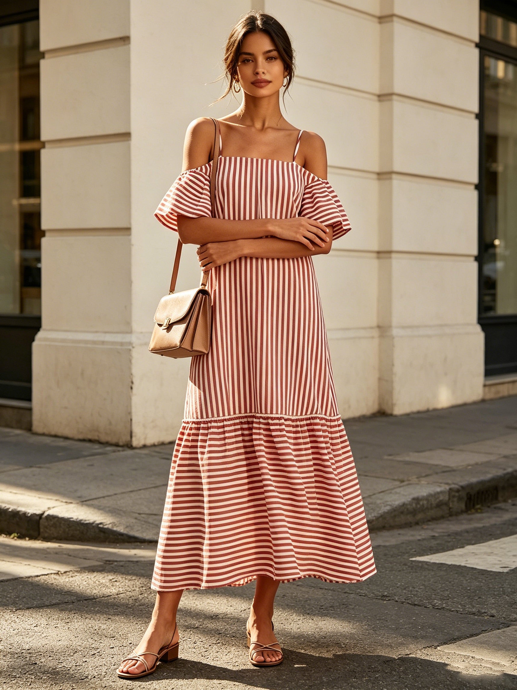 Red & White Striped Off-Shoulder Midi Dress | Relaxed Vacation A-Line Dress