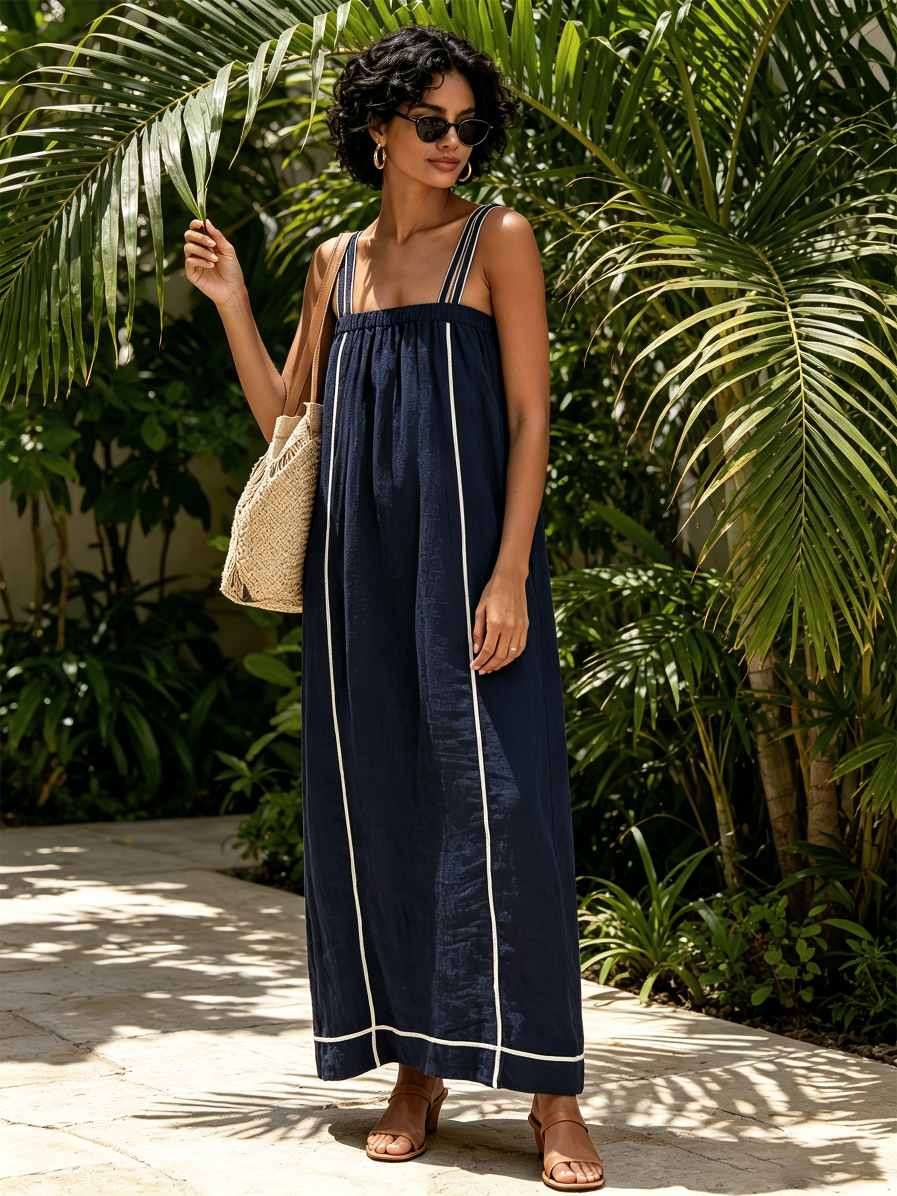 Navy White Piping Double Strap Linen Maxi Dress