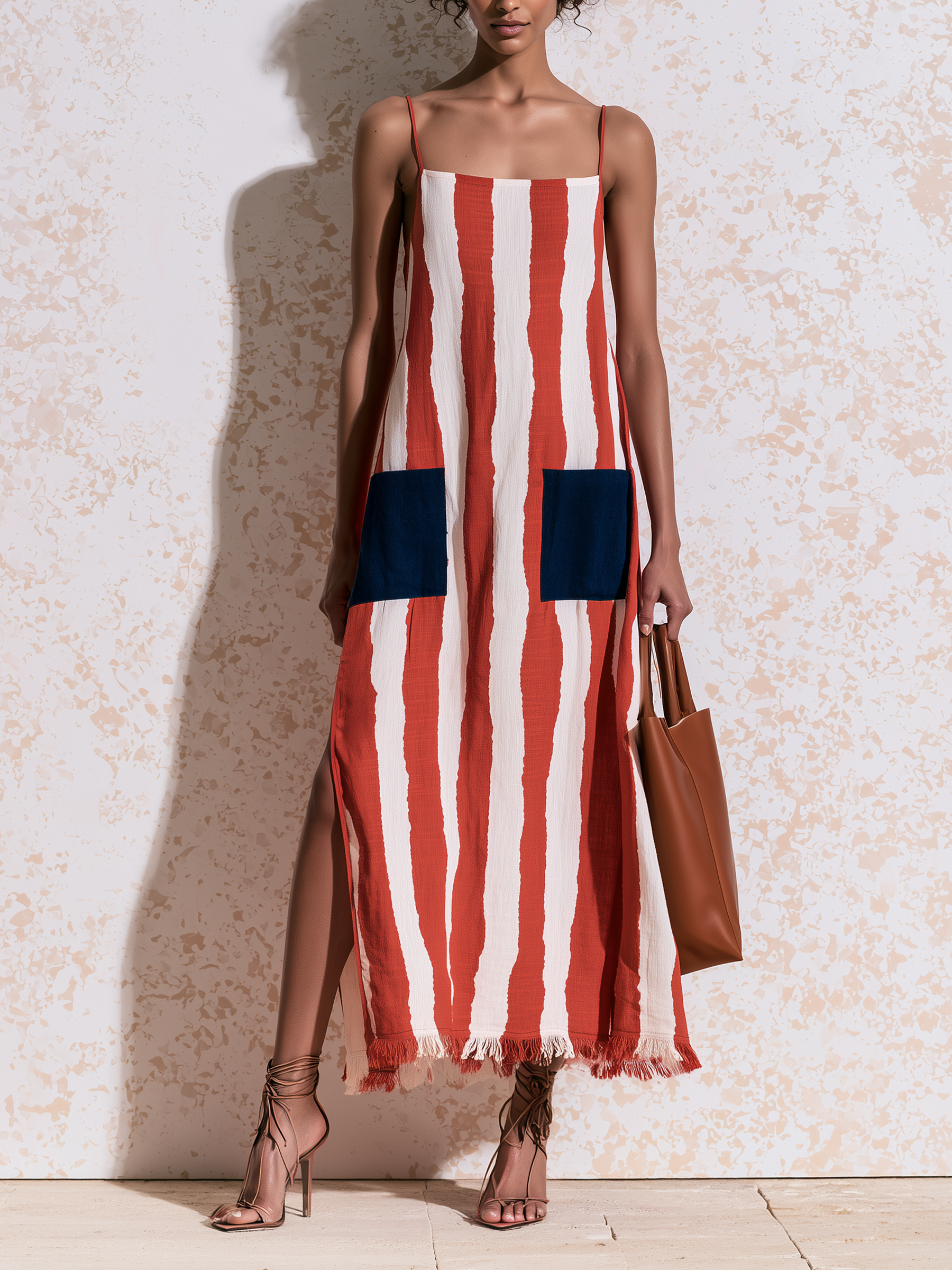 Red White Vertical Stripe Adjustable Spaghetti Strap Fringe Hem Maxi Slip Dress