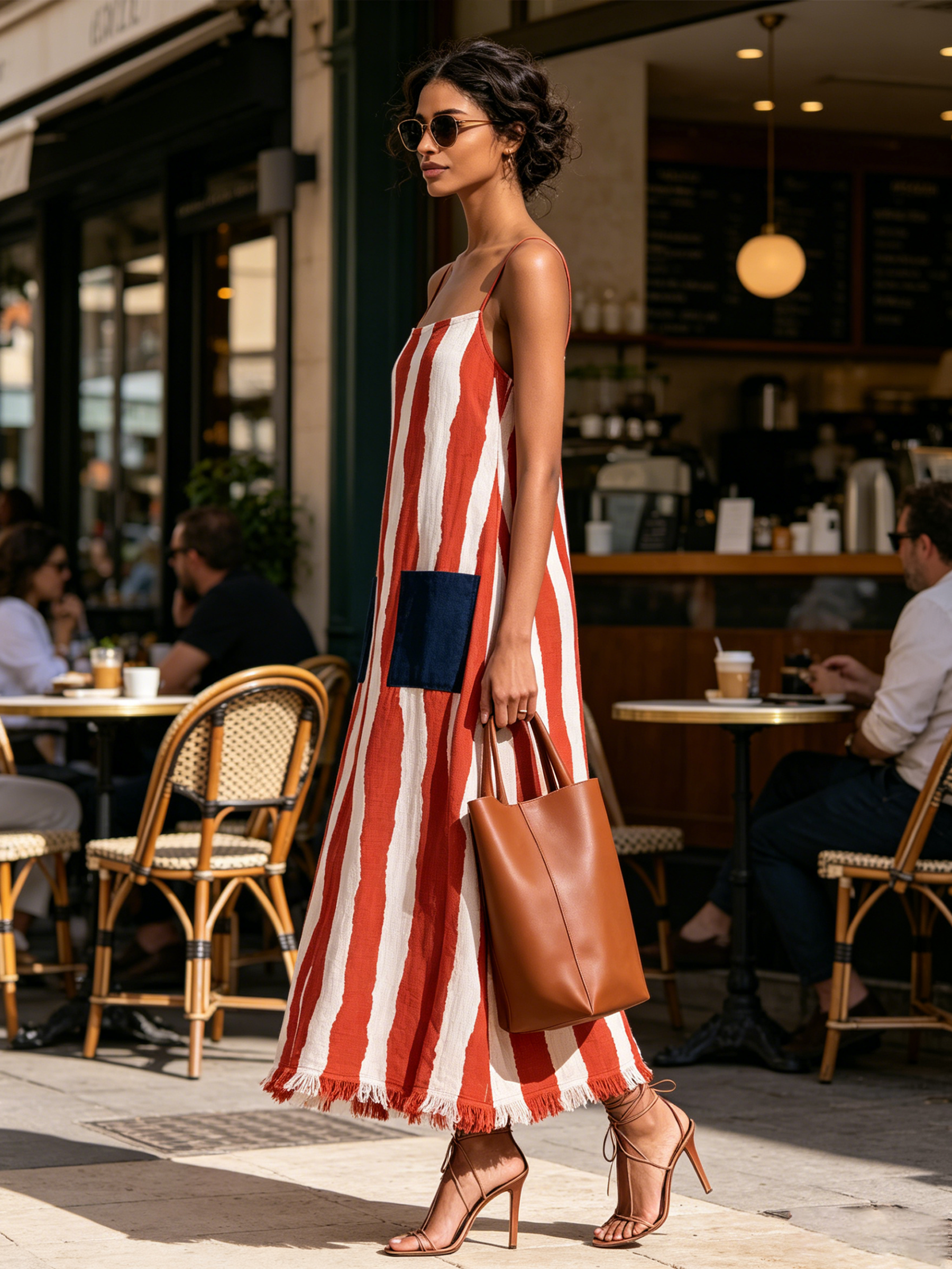 Red White Vertical Stripe Adjustable Spaghetti Strap Fringe Hem Maxi Slip Dress