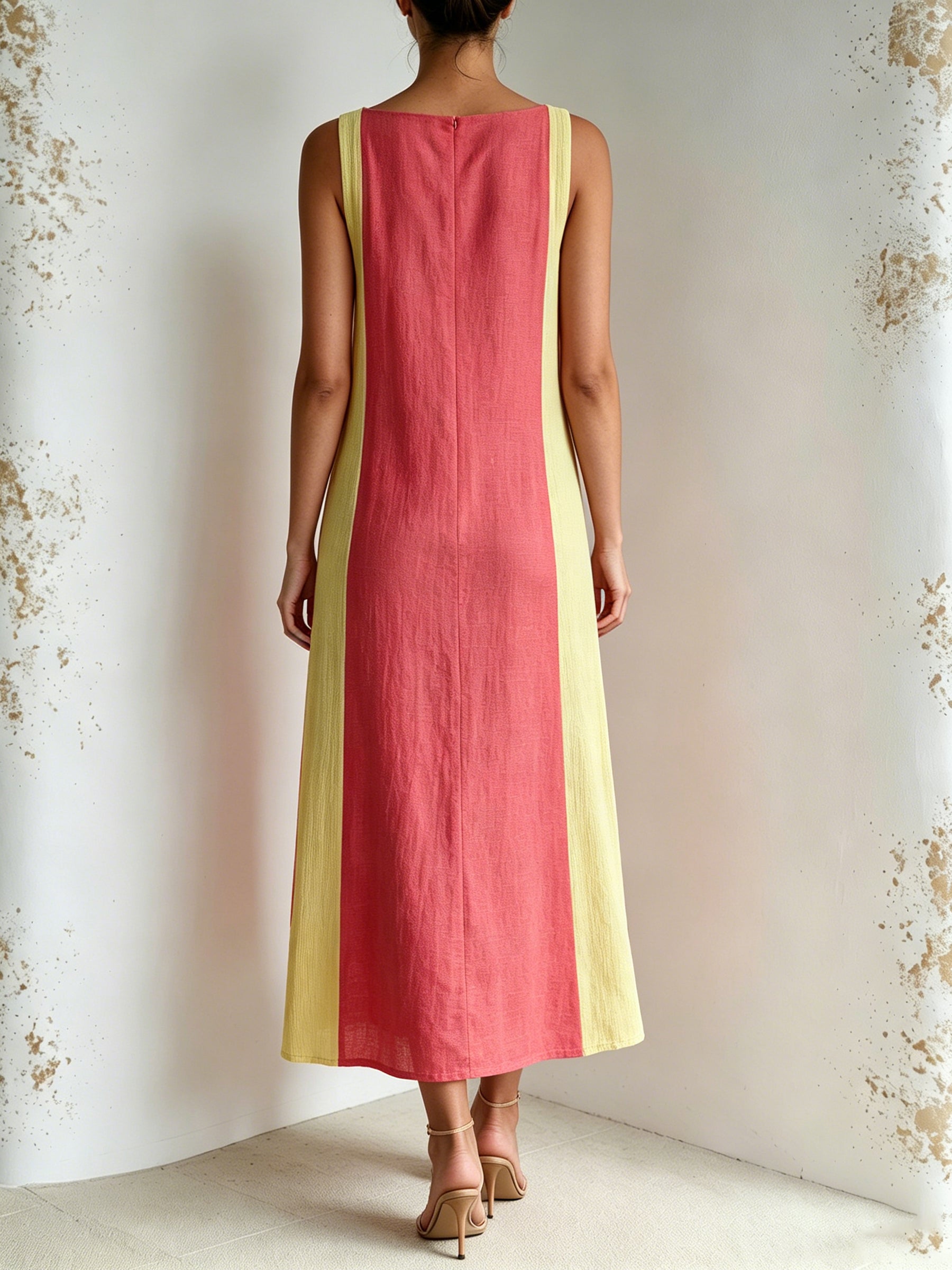 Summer Colorblock Sleeveless Midi Dress – Red & Yellow Contrast Side Slit Elegant Dress For Women