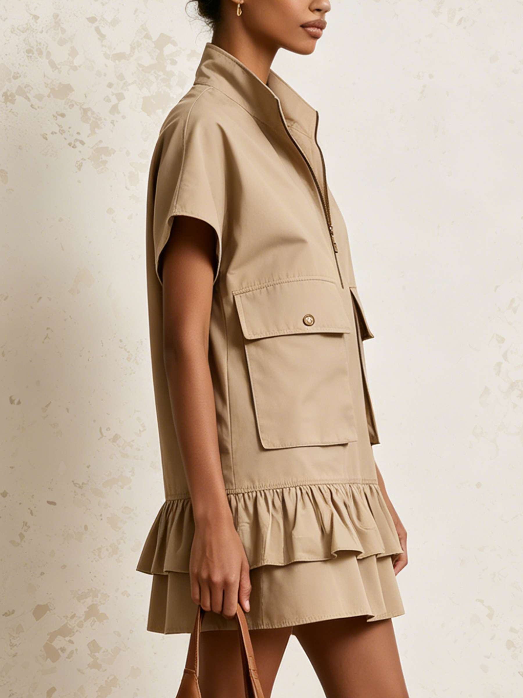 Khaki Utility Cargo Mini Dress With Half-Zip Stand Collar, Ruffle Hem & Flap Pockets