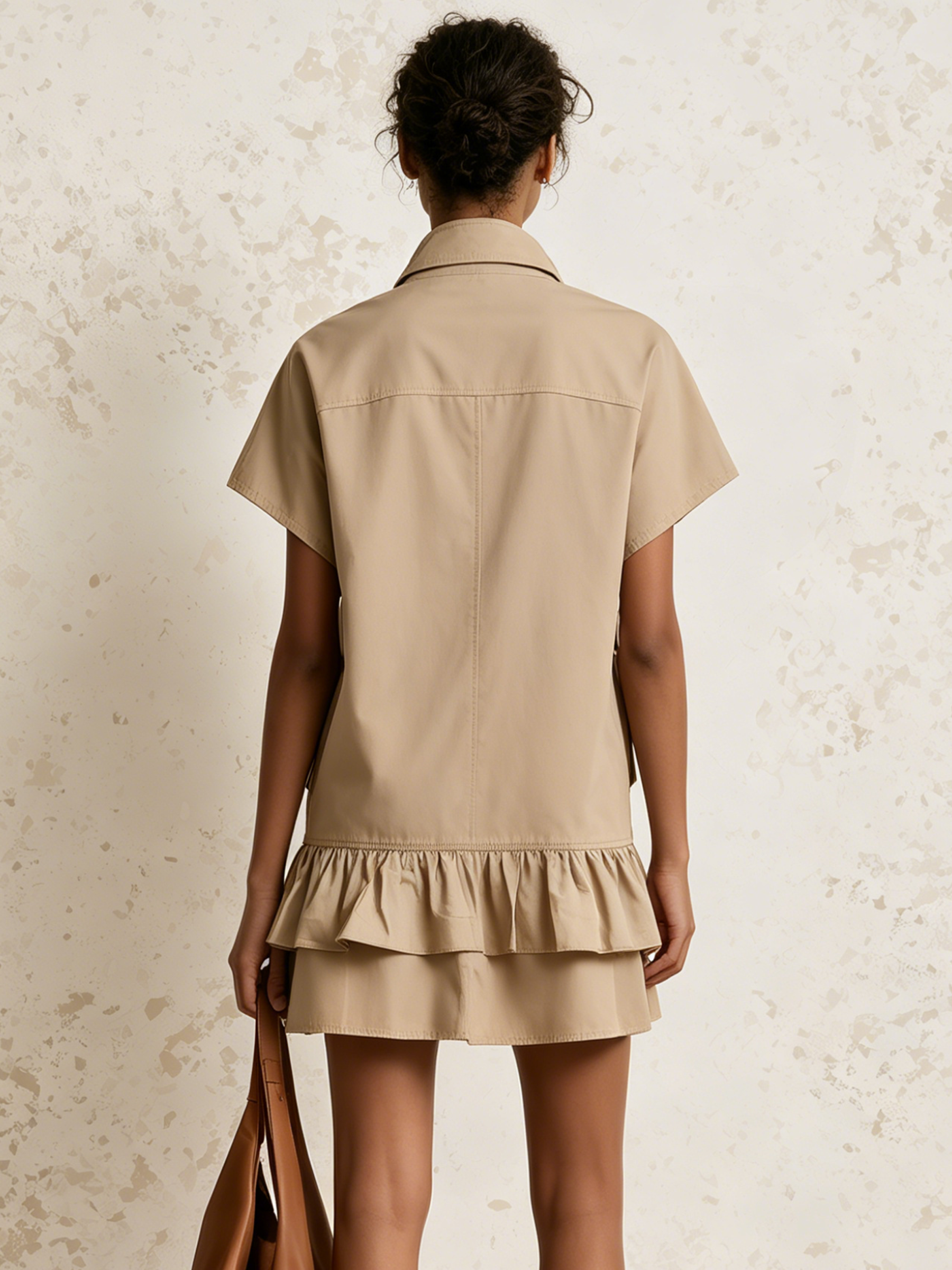 Khaki Utility Cargo Mini Dress With Half-Zip Stand Collar, Ruffle Hem & Flap Pockets
