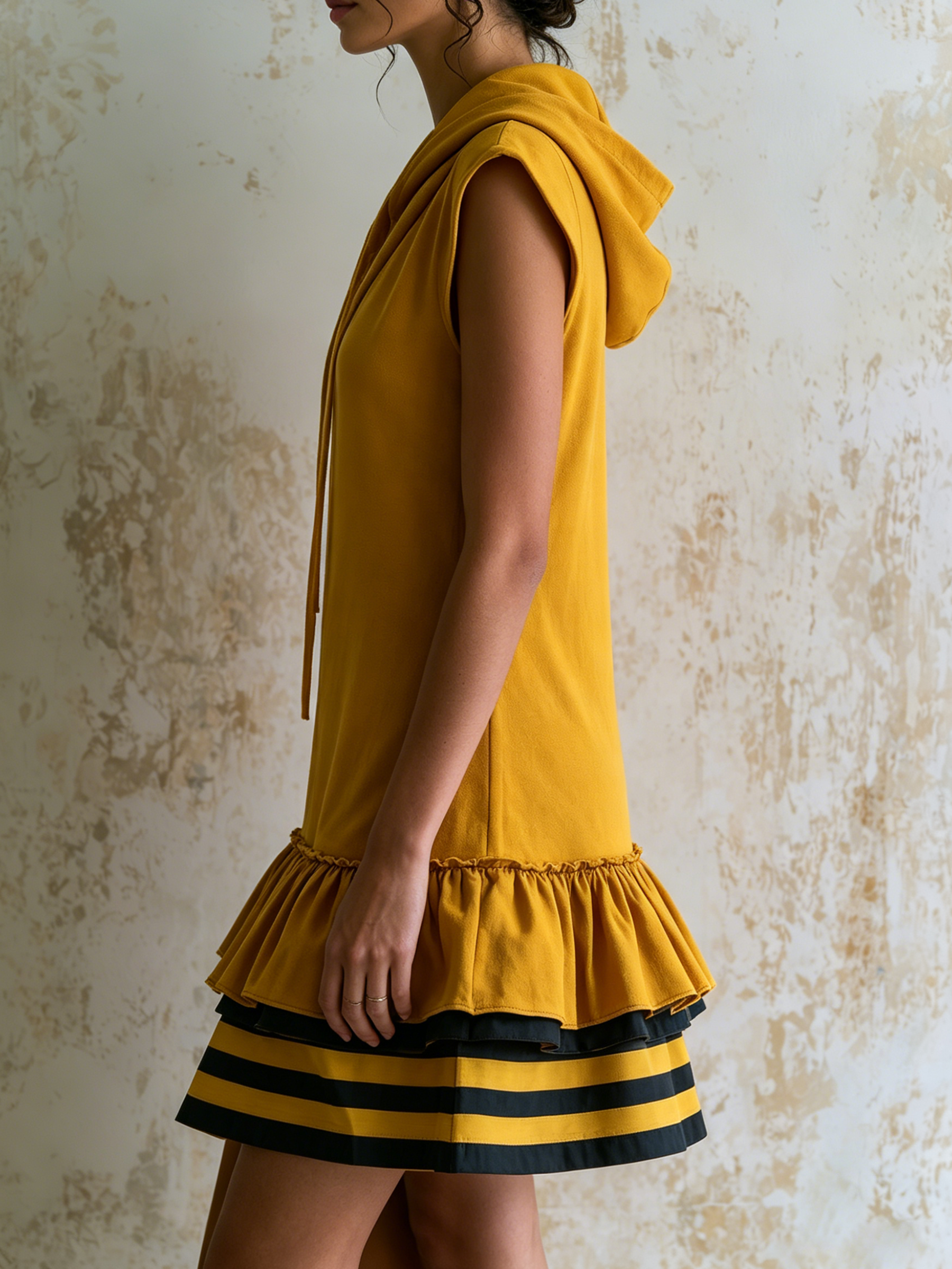 Mustard Sleeveless Hooded Mini Sweatshirt Dress With Ruffle Hem & Striped Tiered Skirt