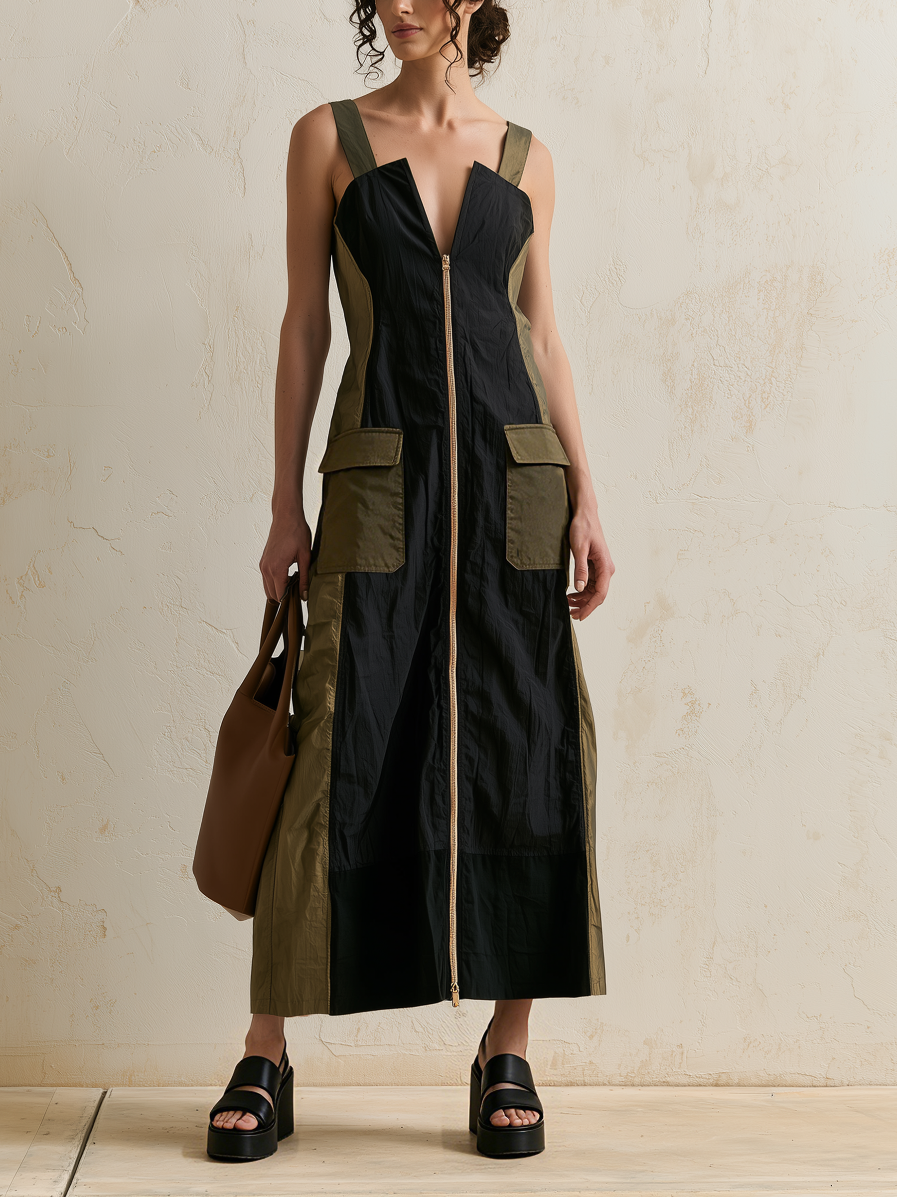 Black & Olive Color Block Sleeveless Midi Cargo Dress With Flap Pockets & Front Zipper