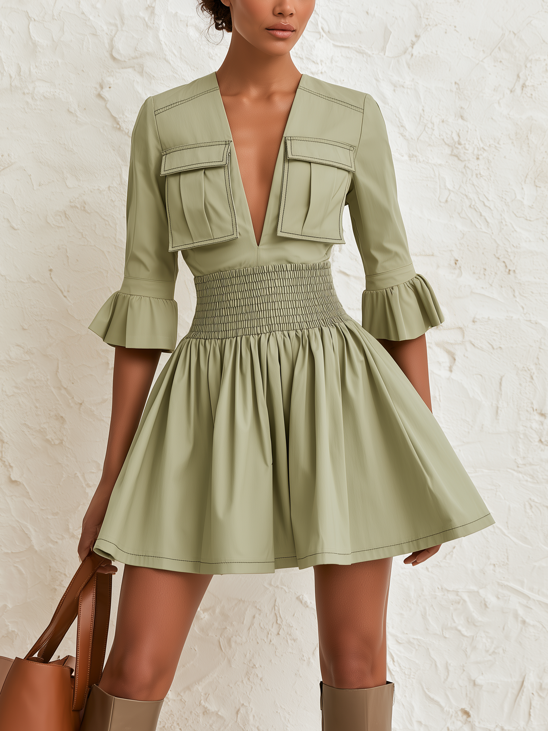 Sage Green Utility Mini Dress With Deep V Neck, Flare Cuffs & Smocked Elastic Waist