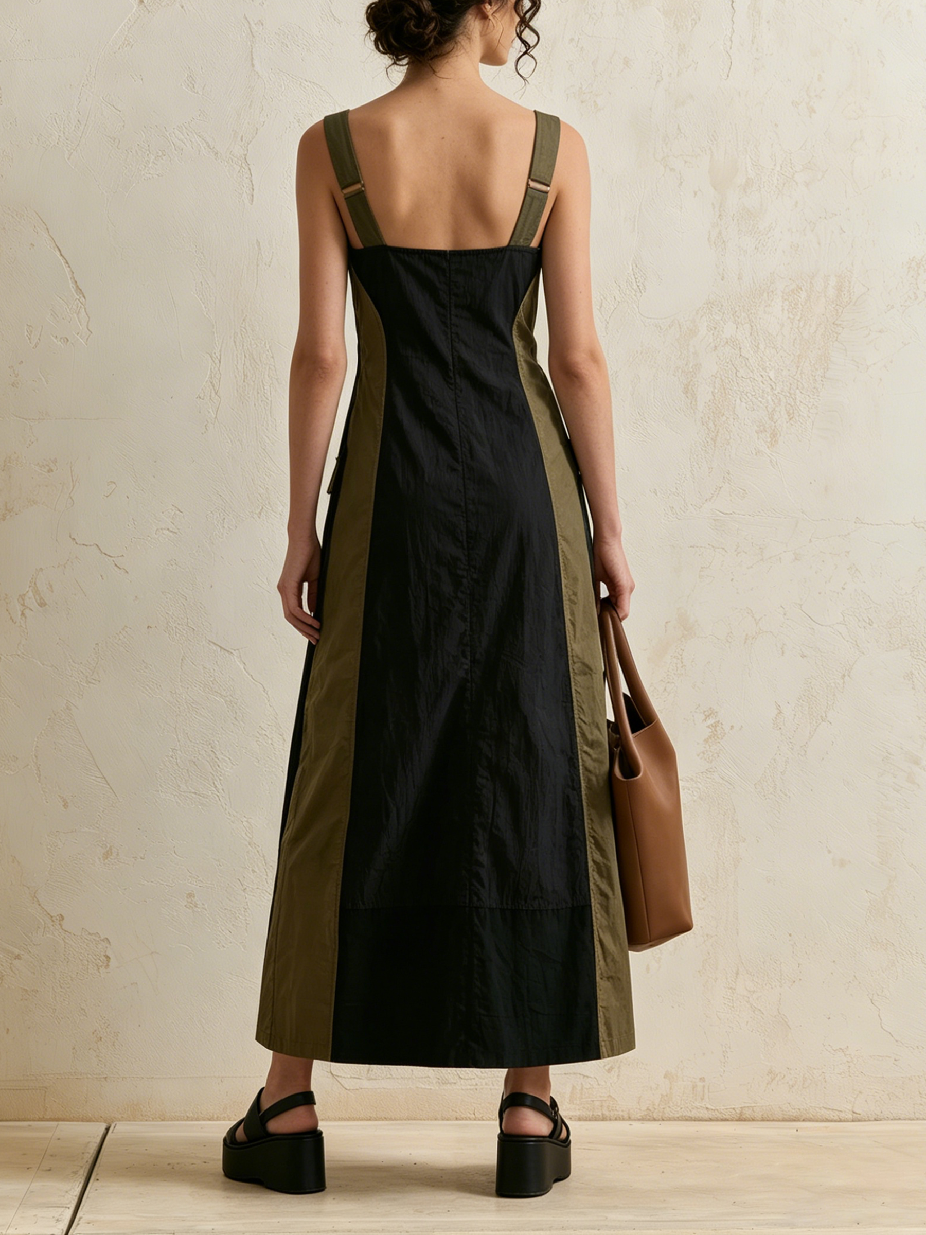Black & Olive Color Block Sleeveless Midi Cargo Dress With Flap Pockets & Front Zipper