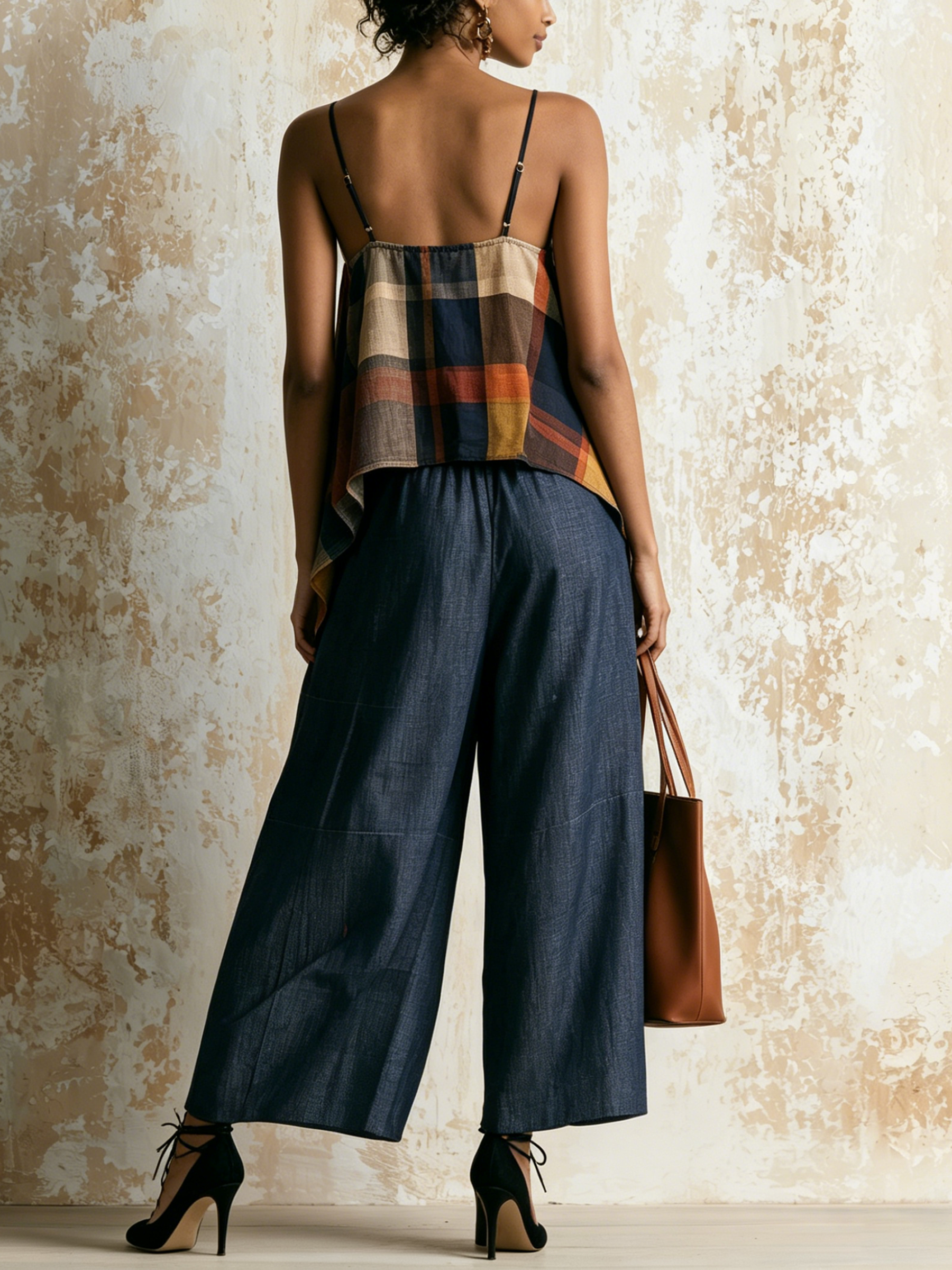 Color Block Plaid Asymmetrical Cami & Denim Wide-Leg Pants Two-Piece Set
