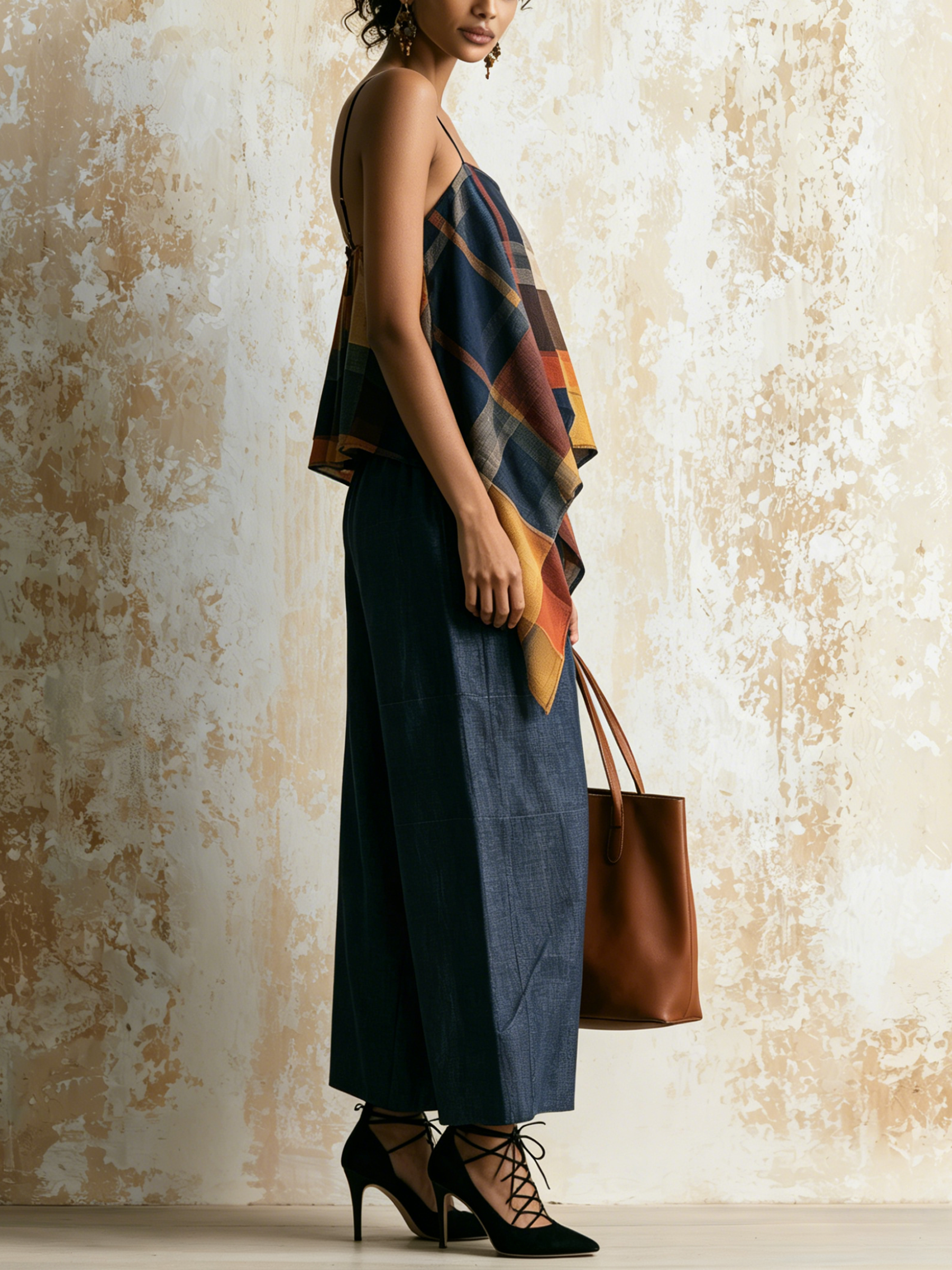 Color Block Plaid Asymmetrical Cami & Denim Wide-Leg Pants Two-Piece Set