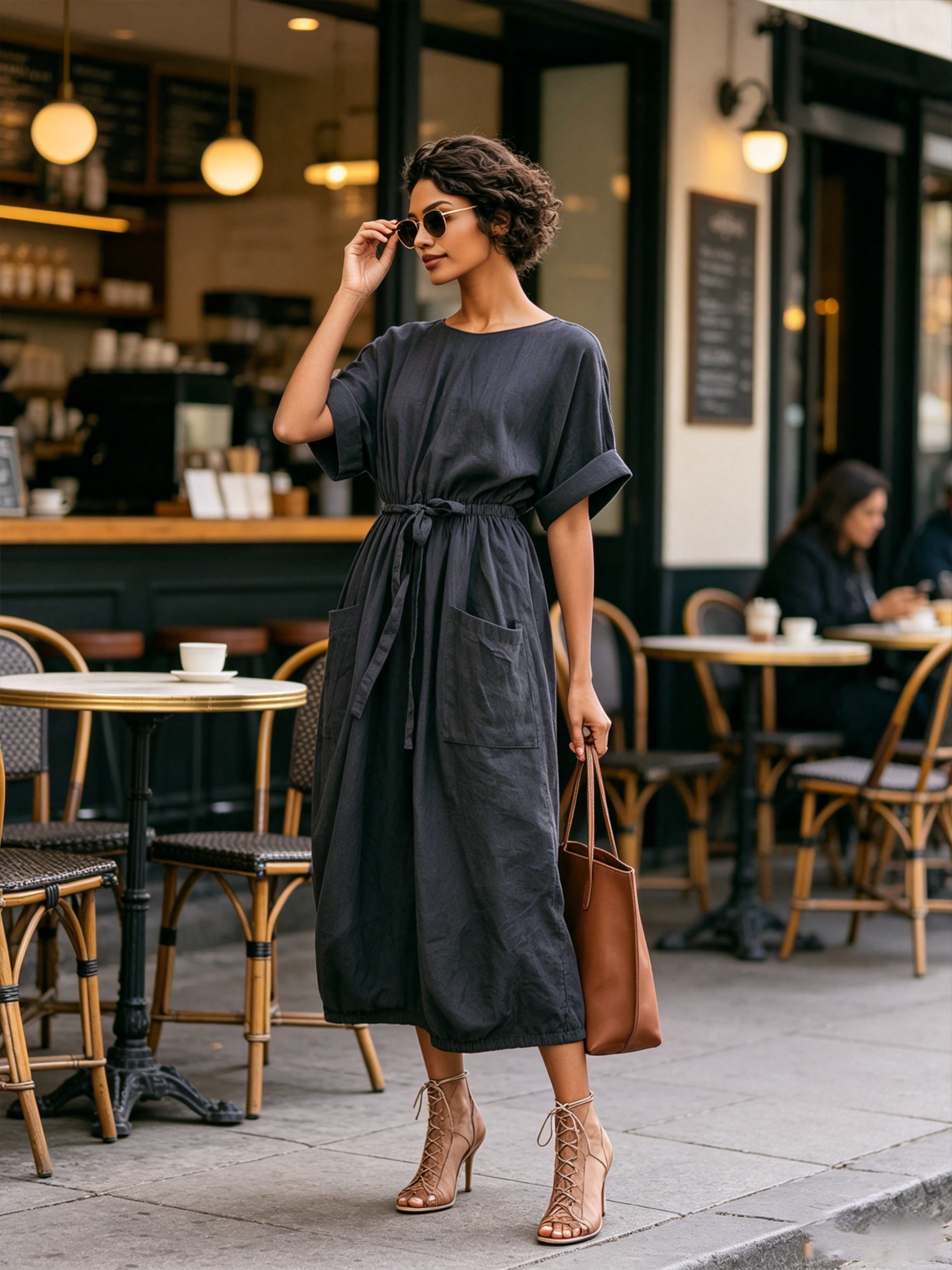 Oversized Linen Midi Bubble Dress With Pockets & Waist Tie