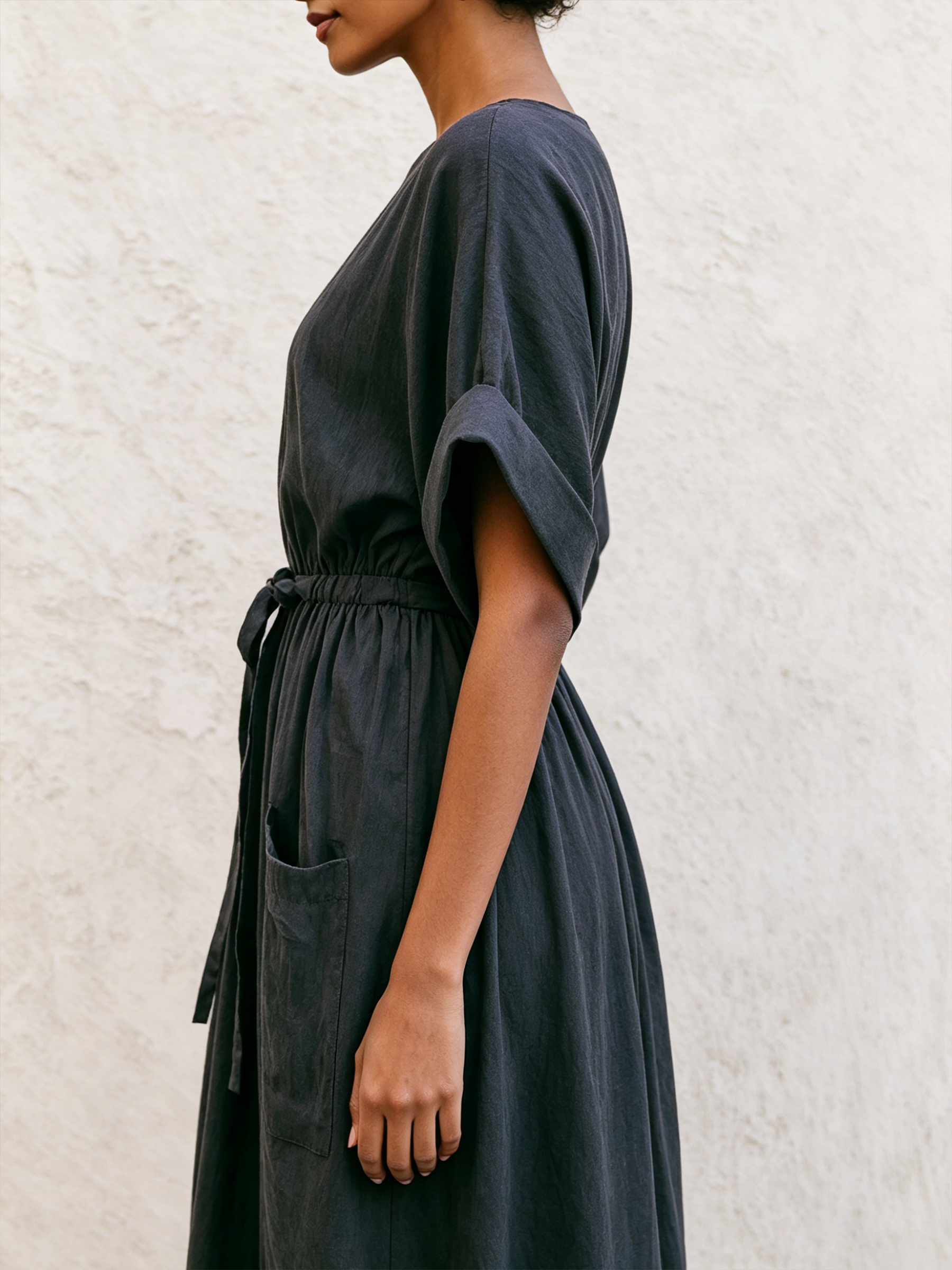 Oversized Linen Midi Bubble Dress With Pockets & Waist Tie